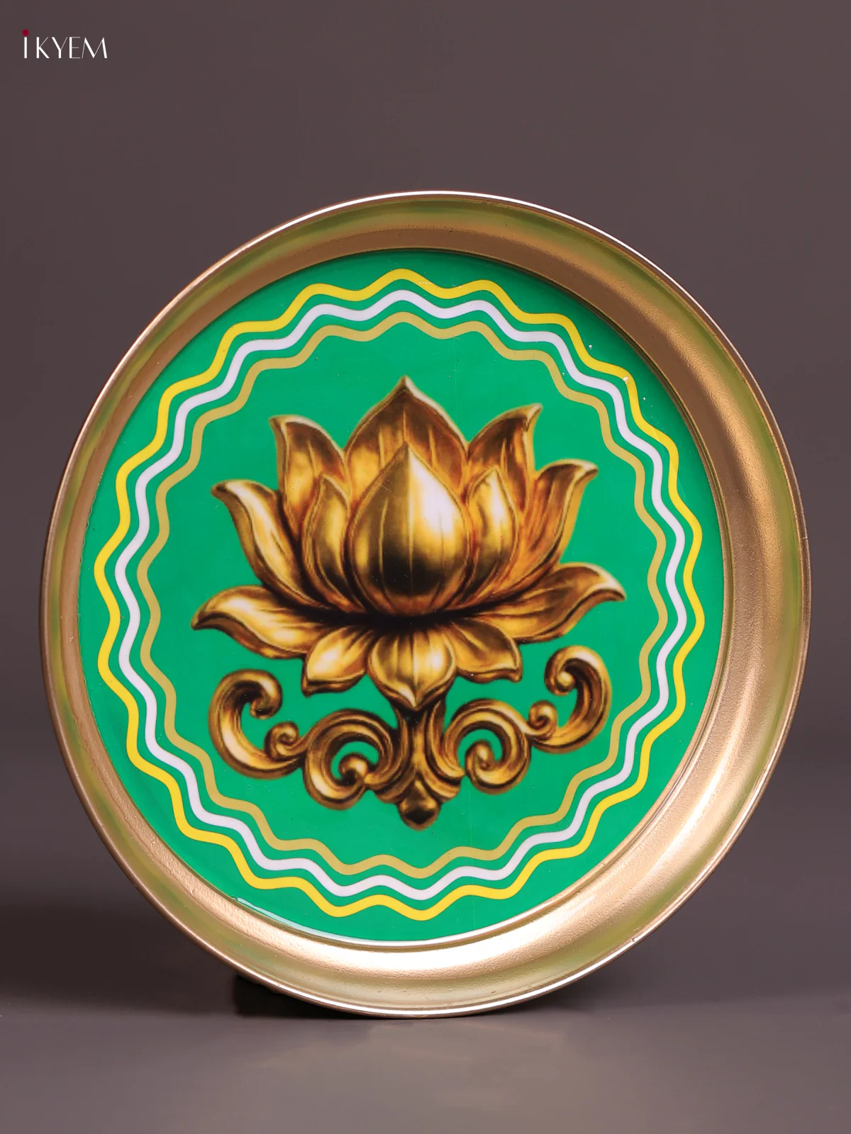Lotus - Printed Brass Coated Plate Green & Golden - 8 inch - Image 2