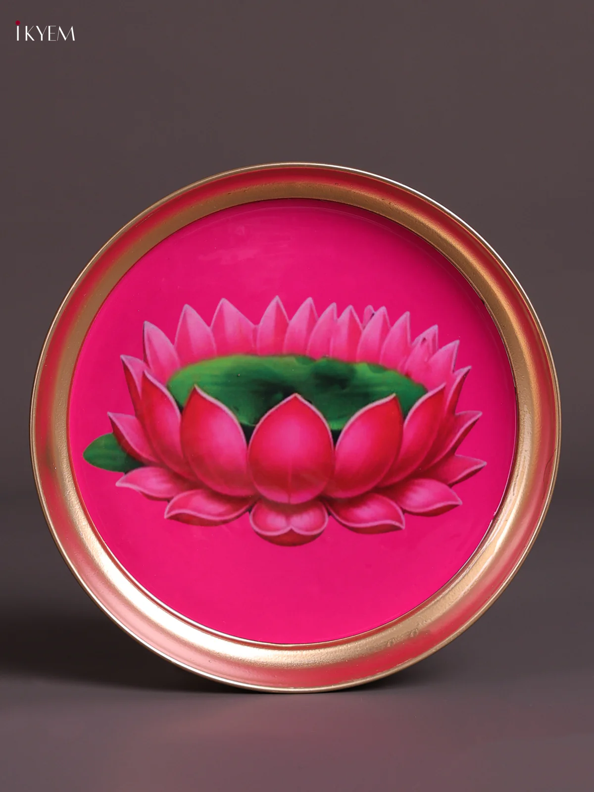 Lotus - Printed Brass Coated Plate Pink & Green - 8 inch