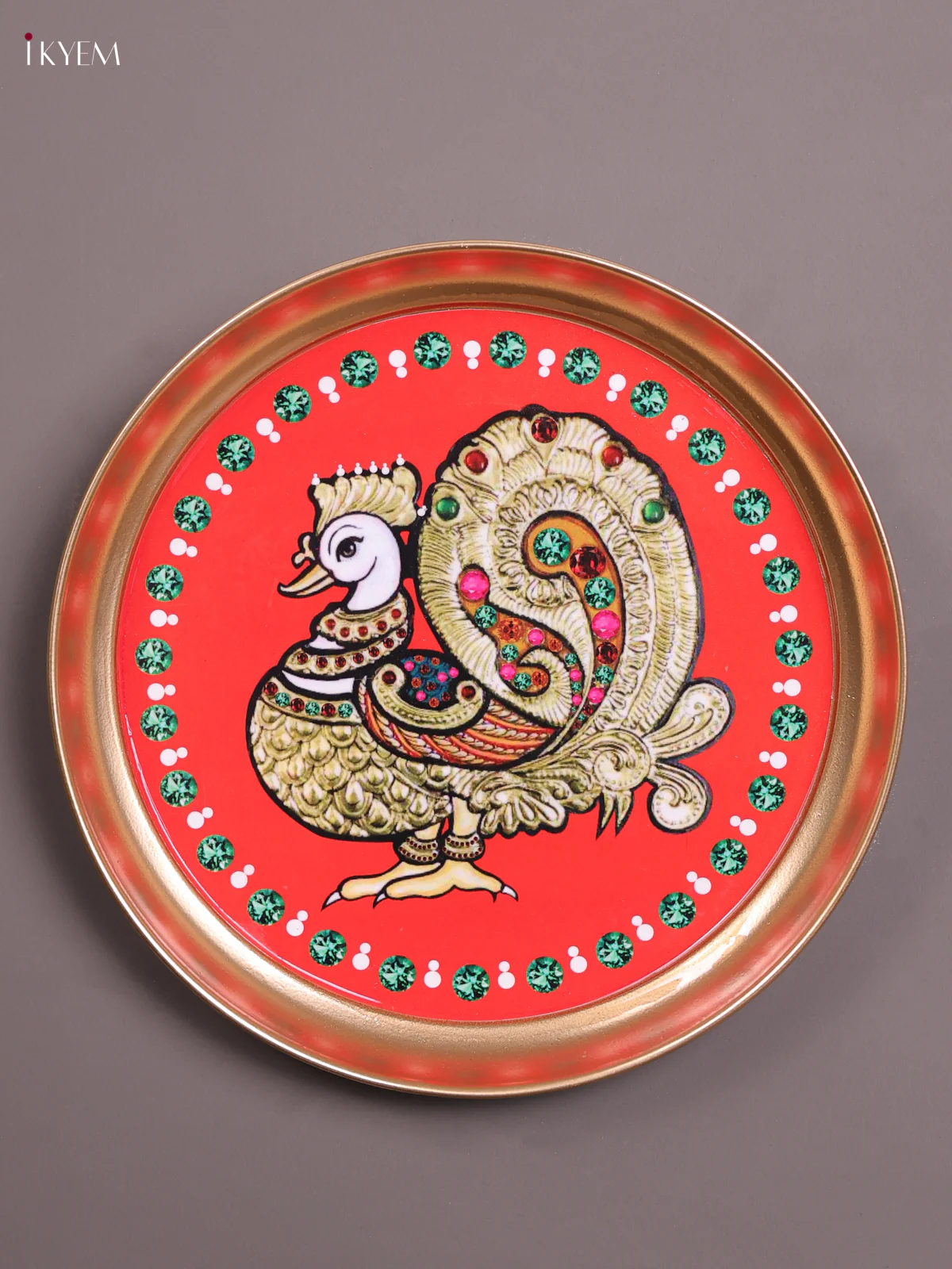 Annapakshi - Printed Brass Coated Plate With Hook Red - 8 inch