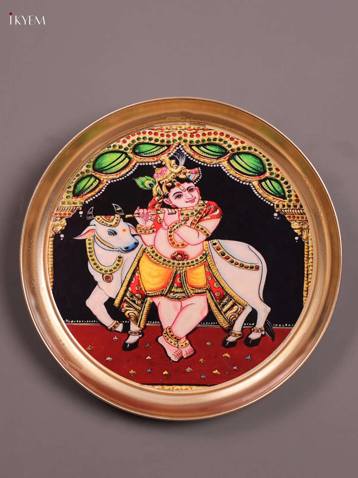 Krishna & Cow - Printed Brass Coated Plate With Hook Maroon - 8 inch