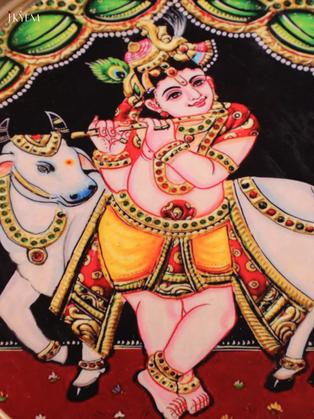 Krishna & Cow - Printed Brass Coated Plate With Hook Maroon - 8 inch - Image 2
