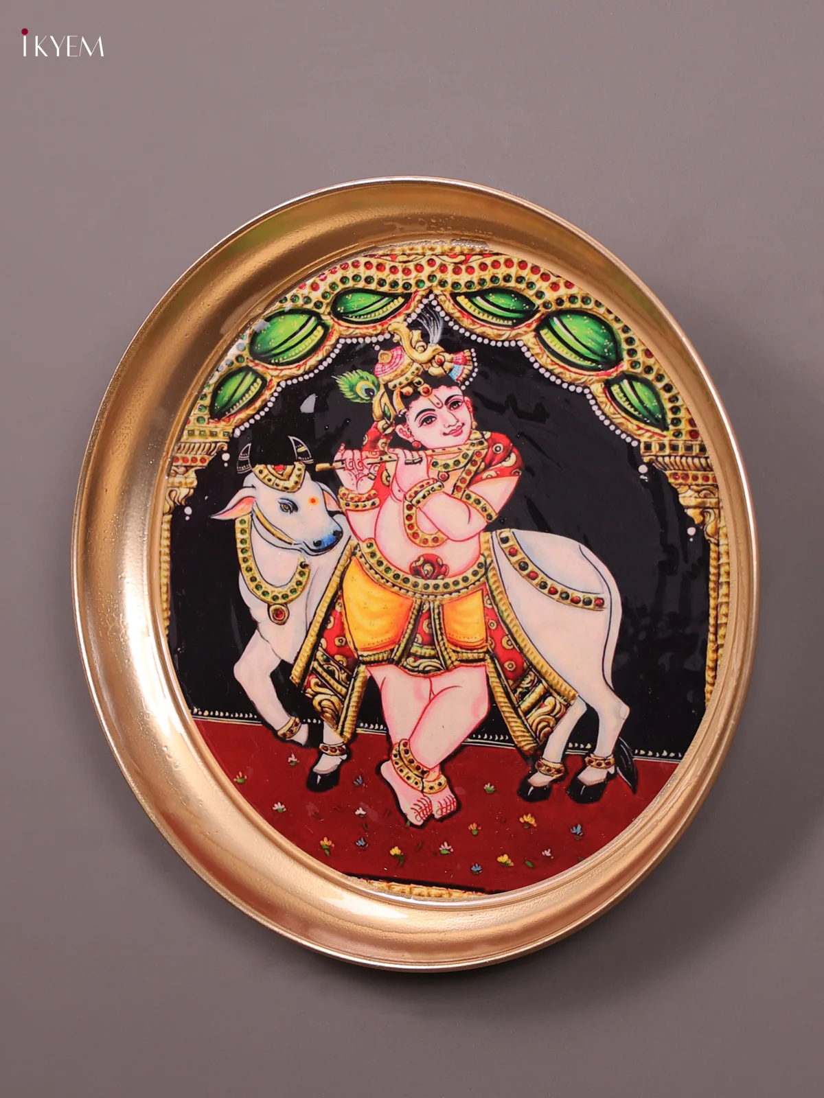 Krishna & Cow - Printed Brass Coated Plate With Hook Maroon - 8 inch - Image 3
