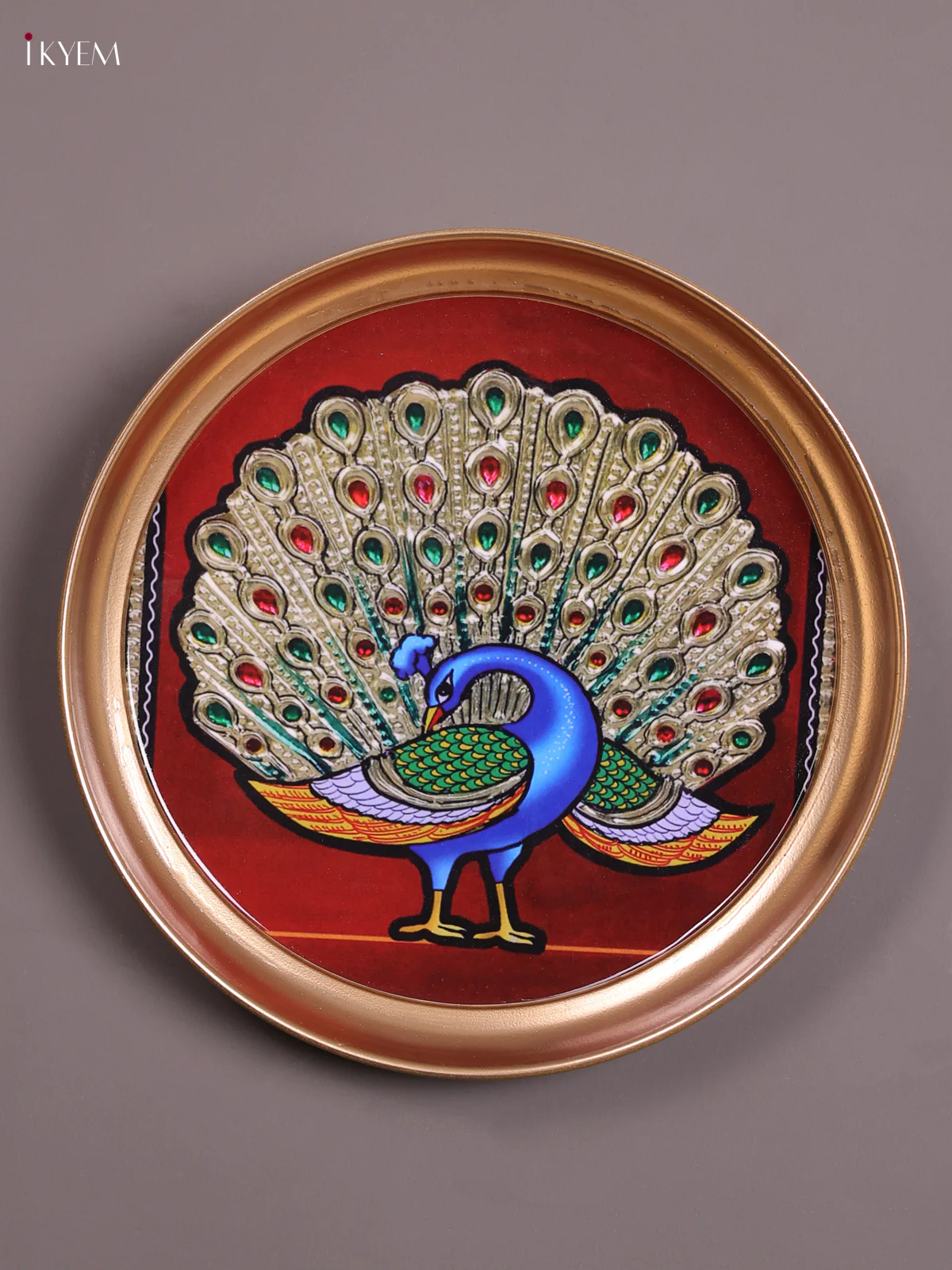 Peacock - Printed Brass Coated Plate With Hook Maroon - 8 inch