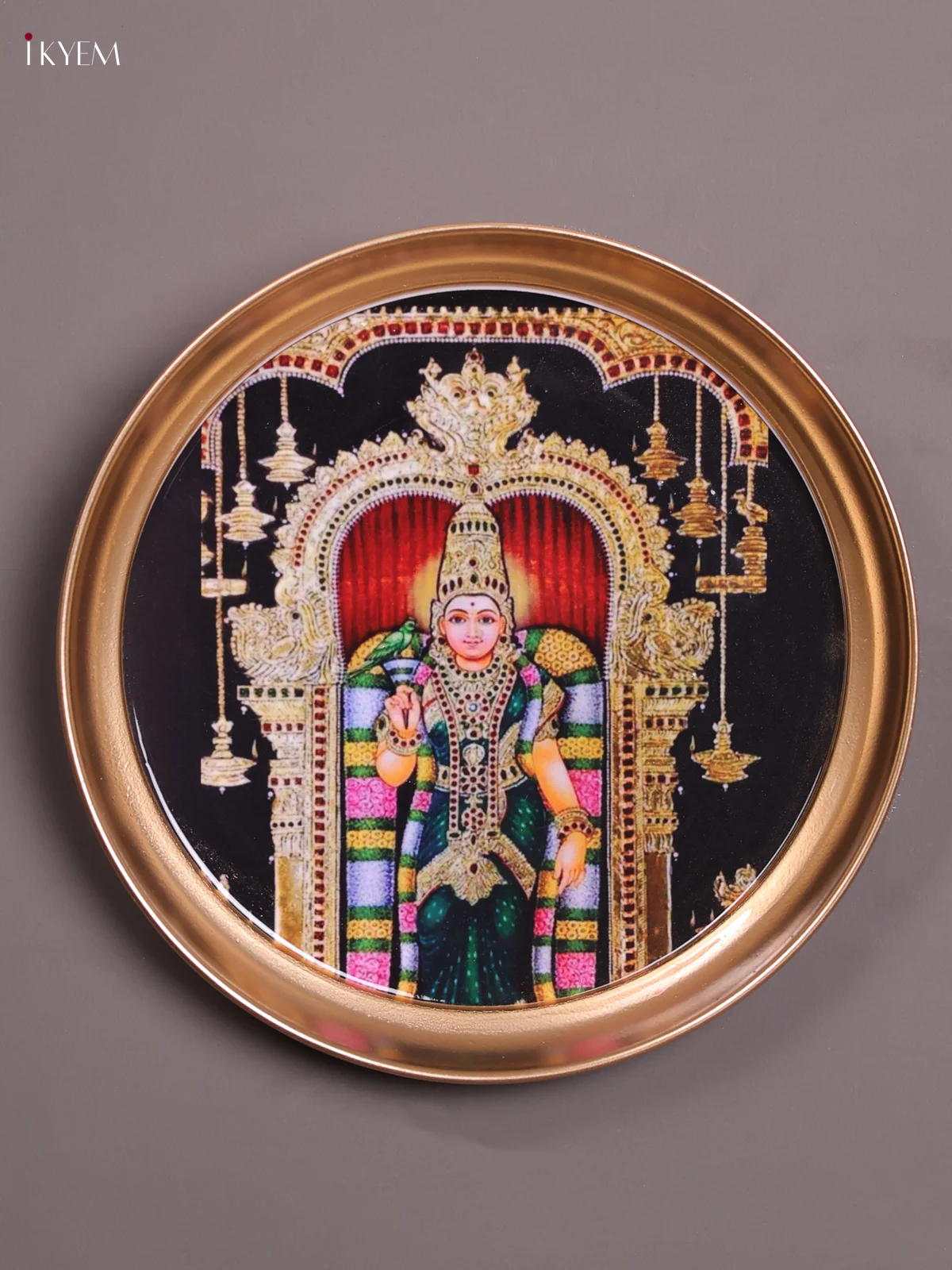 Meenakshi - Printed Brass Coated Plate With Hook Green - 8 inch