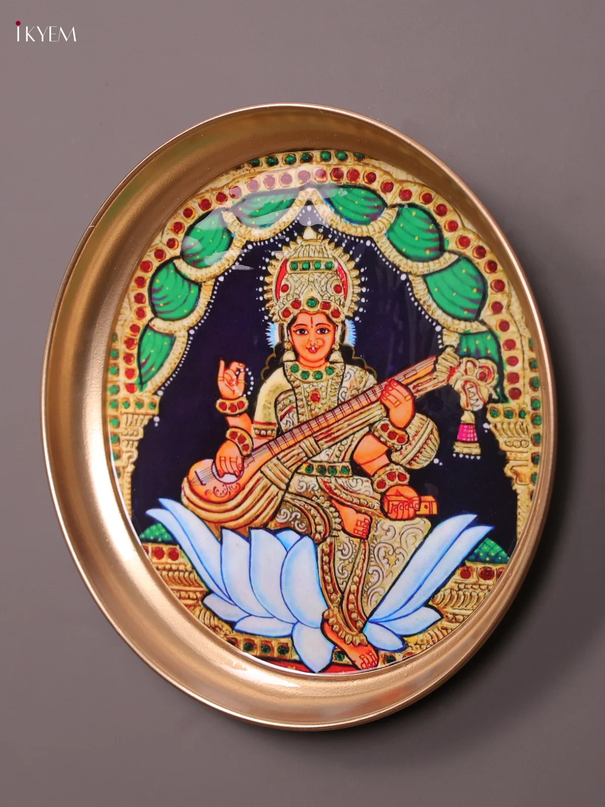 Sarswathi - Printed Brass Coated Plate With Hook Black - 8 inch - Image 3