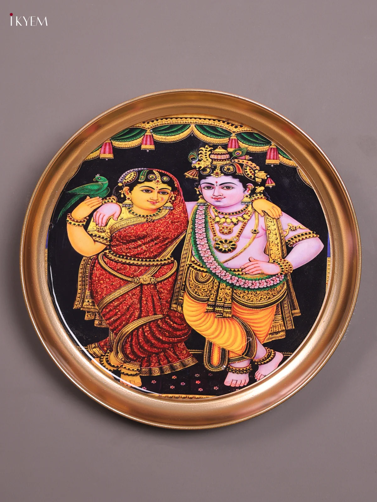 Radha Krishna - Printed Brass Coated Plate With Hook Black - 8 inch