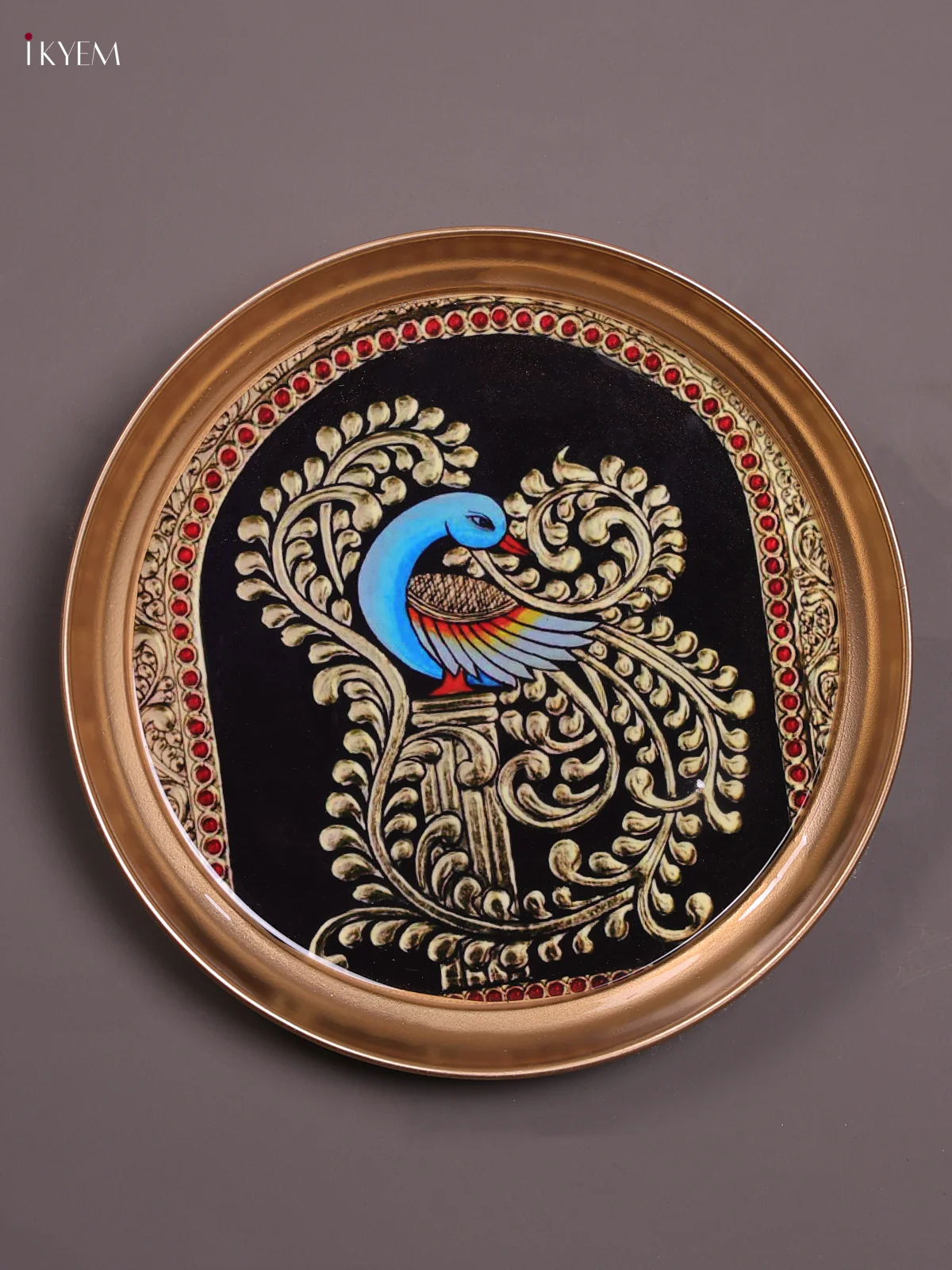 Peacock - Printed Brass Coated Plate With Hook Black - 8 inch
