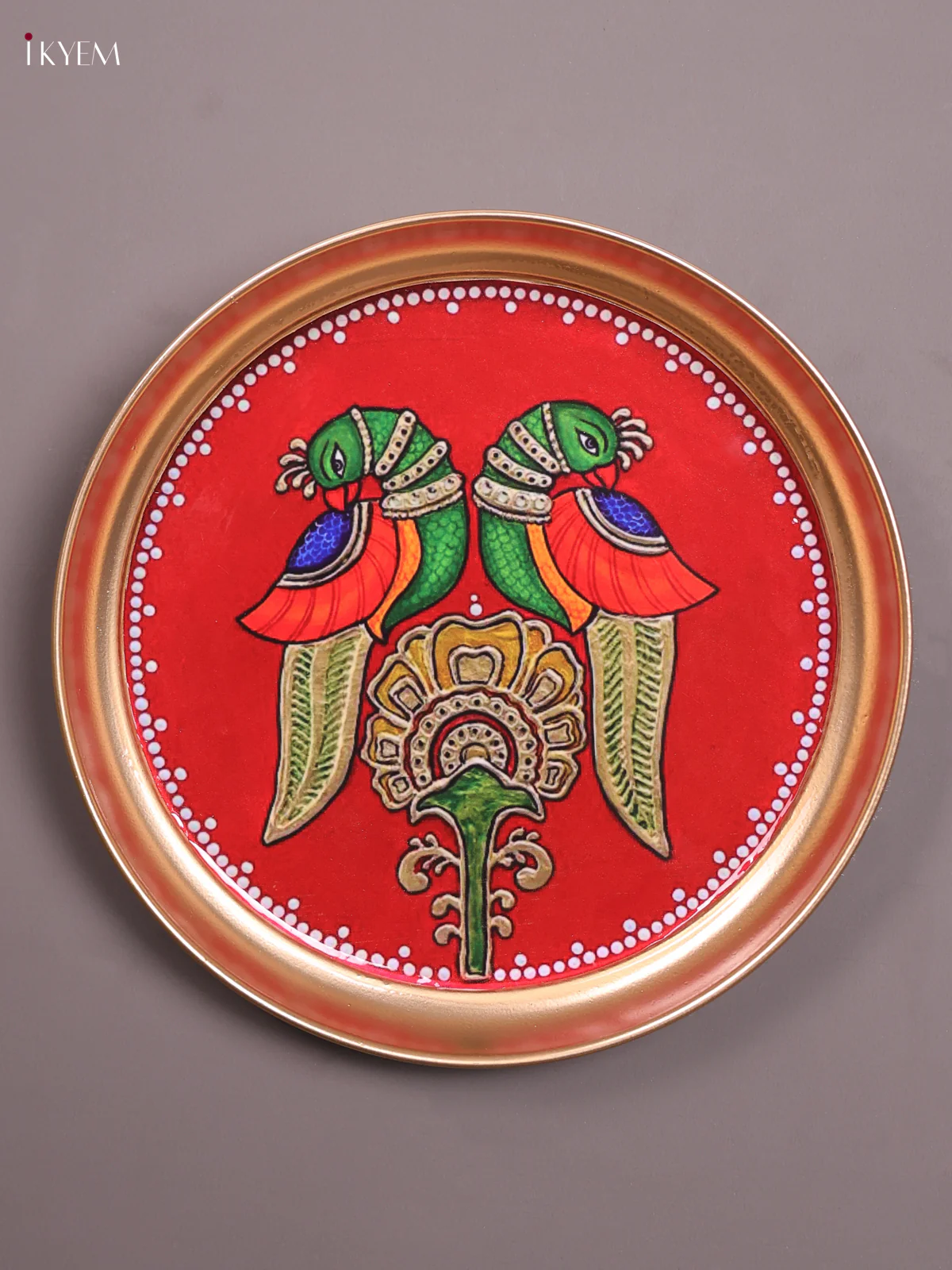 Twin Parrot - Printed Brass Coated Plate With Hook Maroon - 8 inch