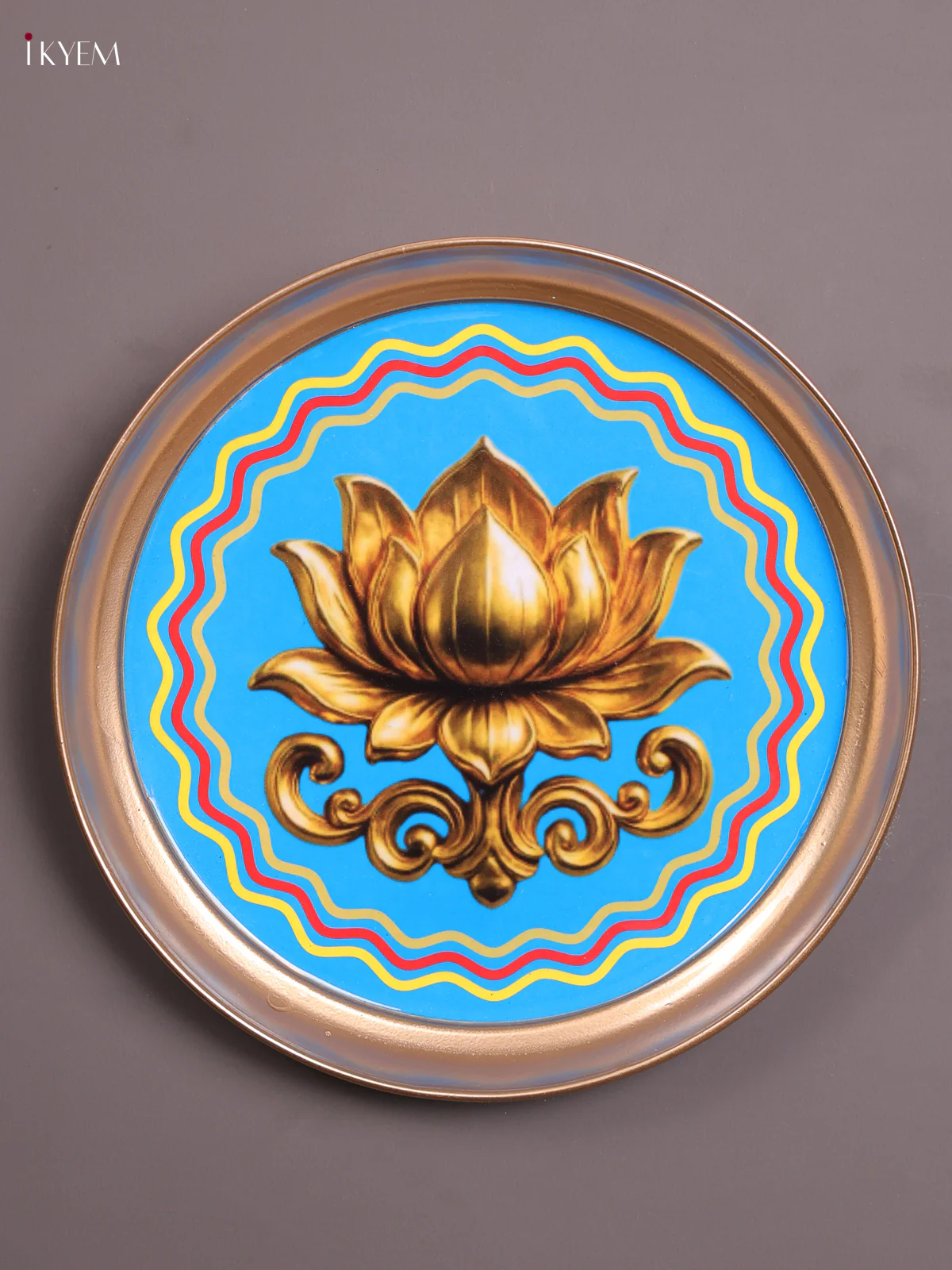 Lotus - Printed Brass Coated Plate With Hook Blue & Golden - 8 inch