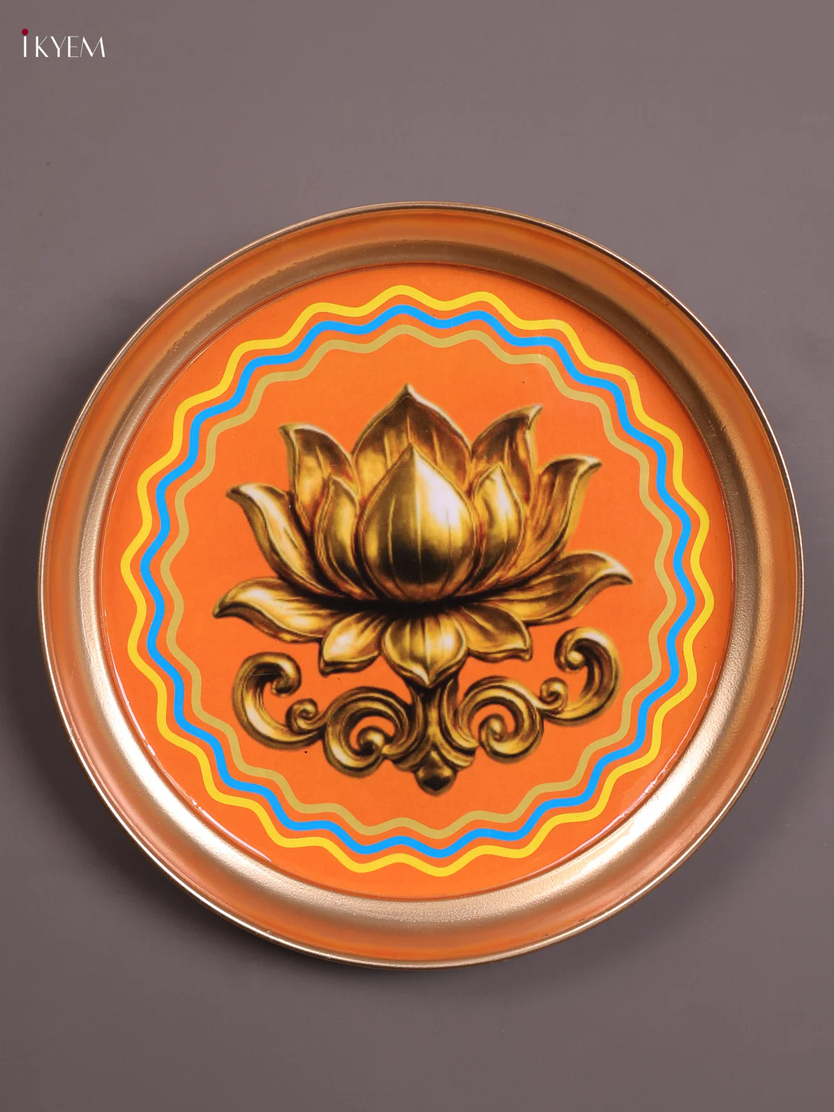 Lotus - Printed Brass Coated Plate With Hook Orange & Golden - 8 inch