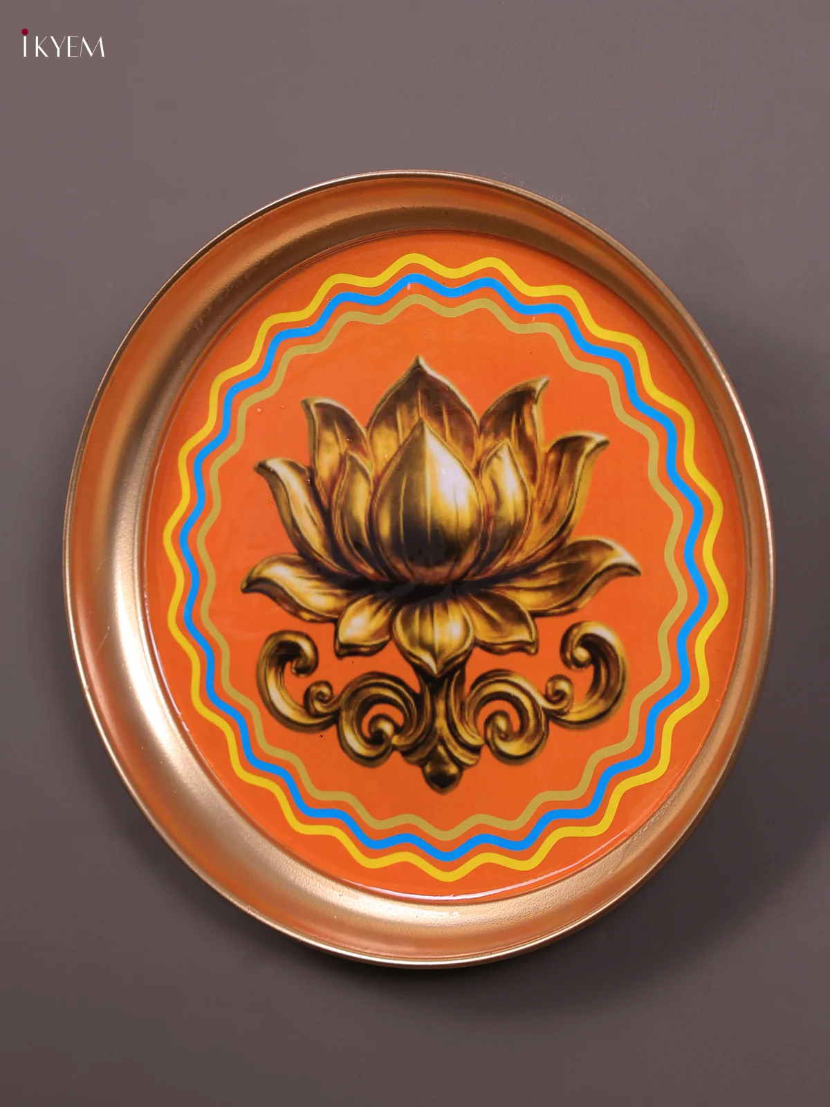 Lotus - Printed Brass Coated Plate With Hook Orange & Golden - 8 inch - Image 3