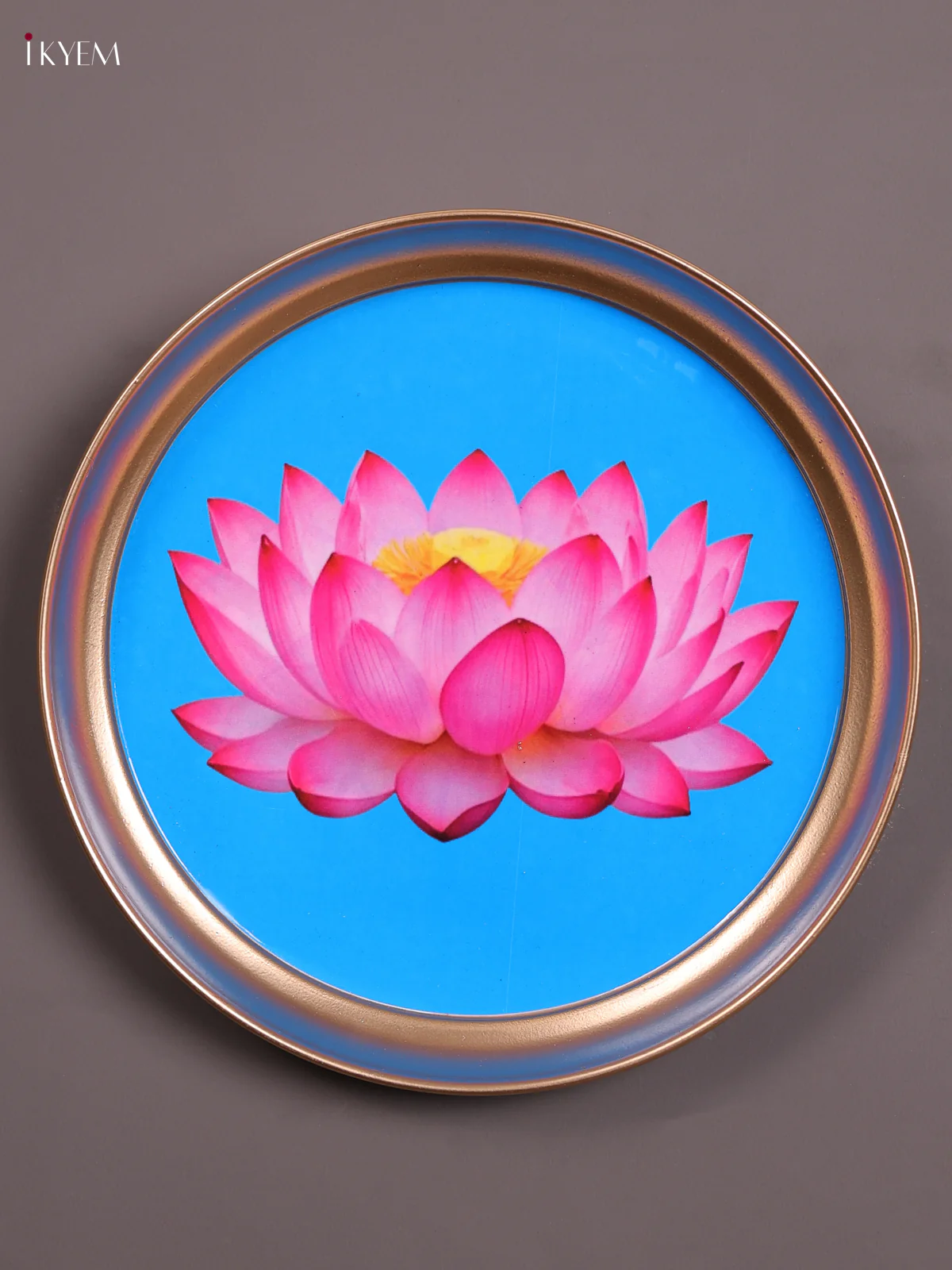 Lotus - Printed Brass Coated Plate With Hook Blue & Yellow - 8 inch
