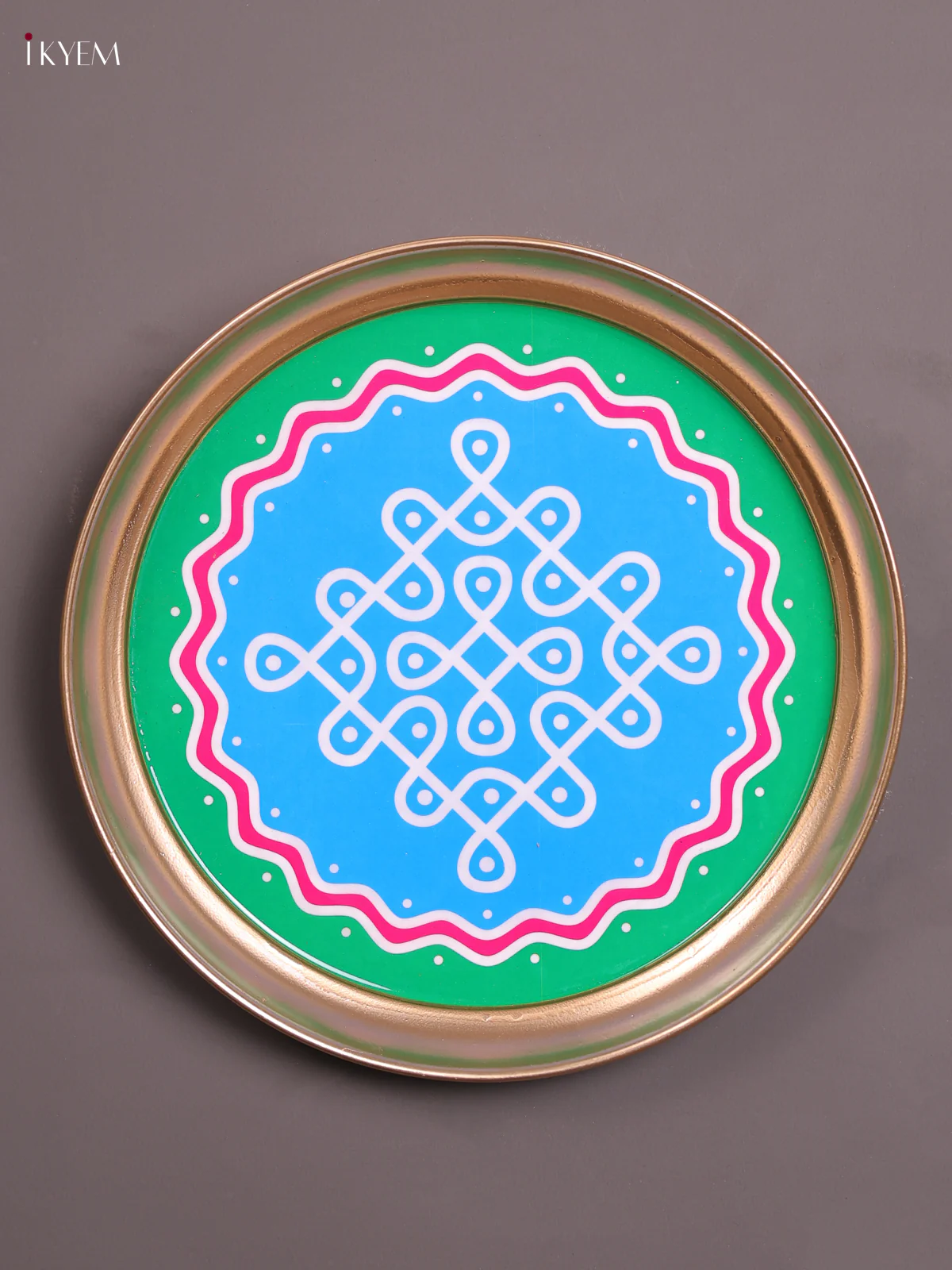 Sikku Kolam - Printed Brass Coated Plate With Hook Blue & Green - 8 inch