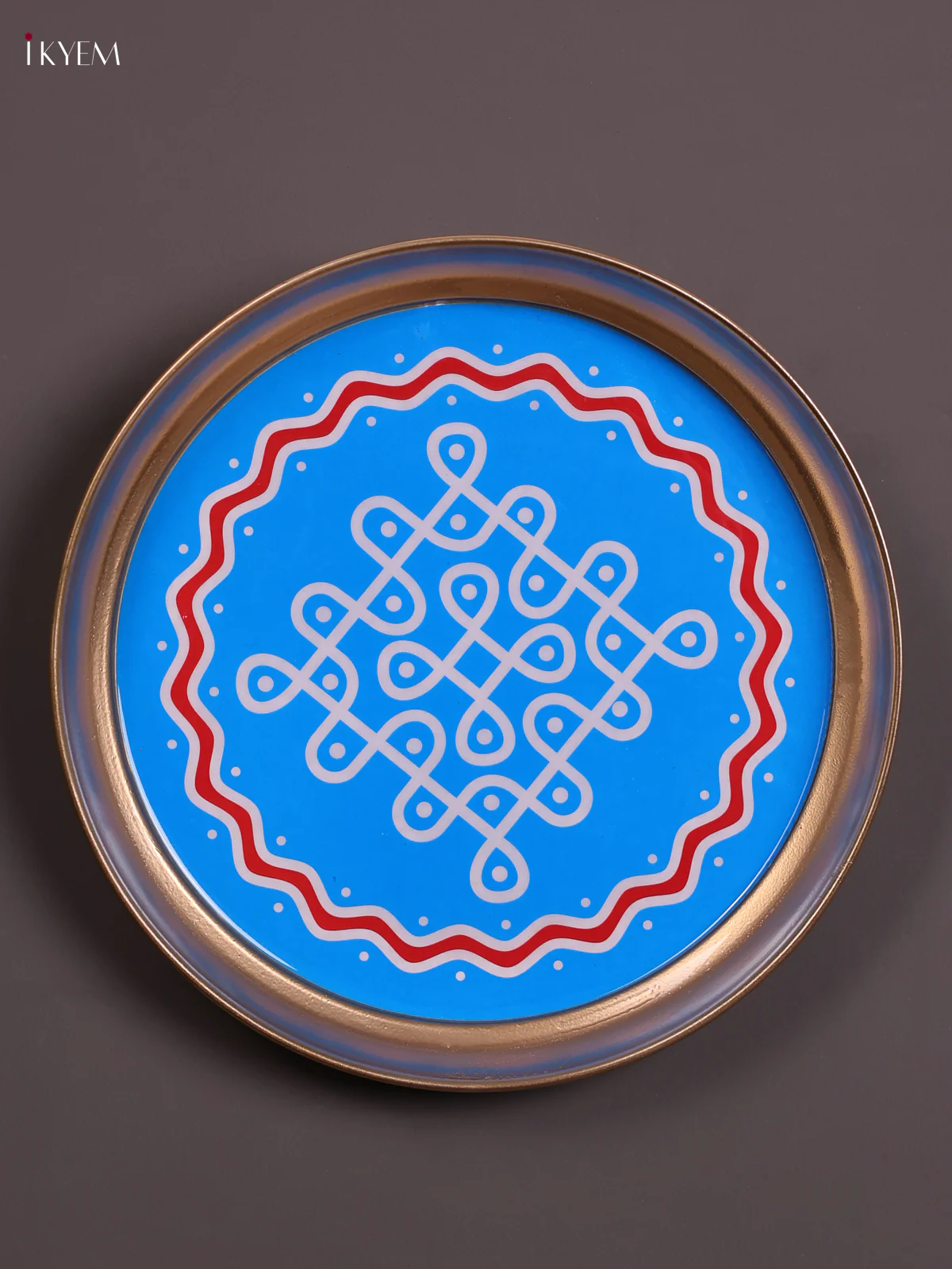 Sikku Kolam - Printed Brass Coated Plate With Hook Blue - 8 inch