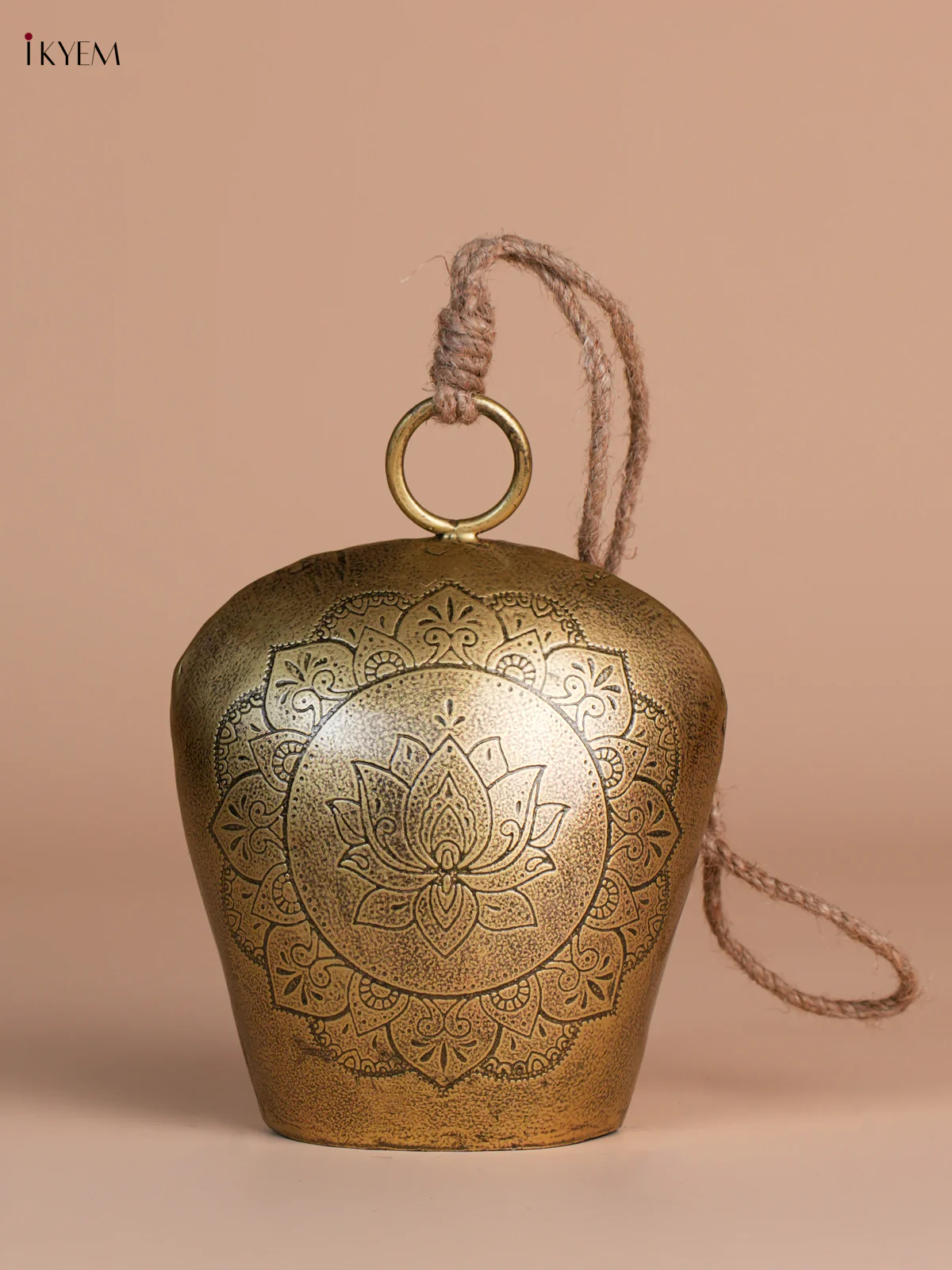 Metal Cow Bell with Lotus Engraving & Rope Handle - Big - 7 Inch - KEC16003