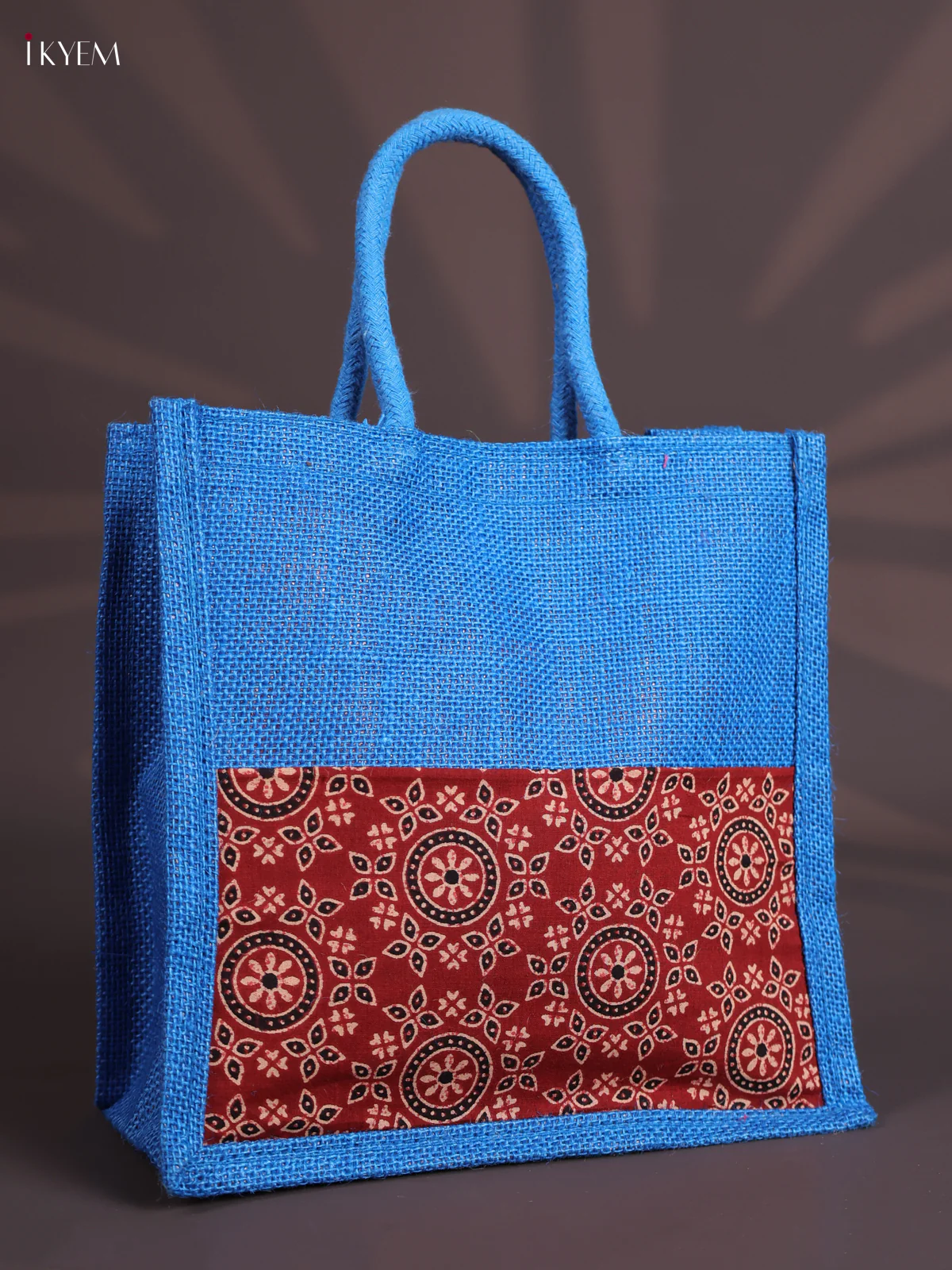 Blue&Red Half & Half Kalamkari Jute Bag with Rope Handles-KEC18005 - Image 2