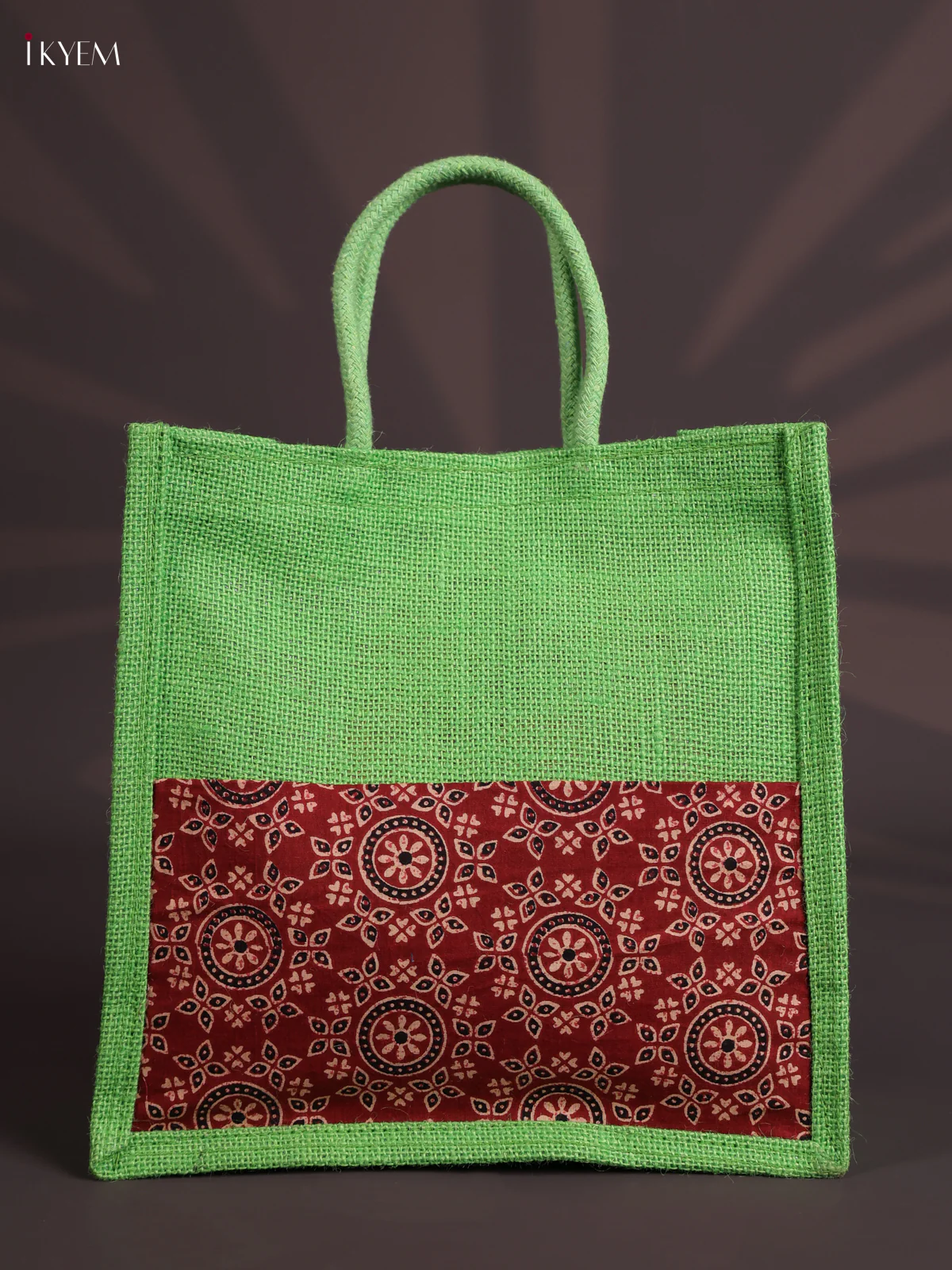 Green Half & Half Kalamkari Jute Bag with Rope Handles-KEC18007