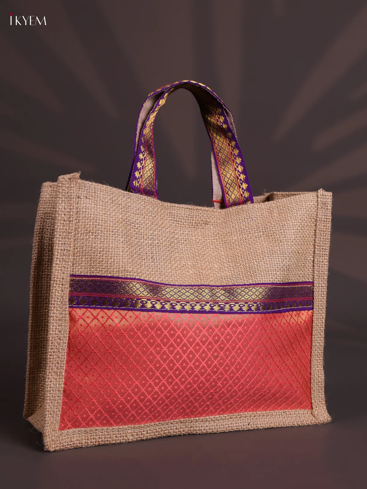 Baby Pink Half & Half Raw Silk Jute Bag with Velcro on Top-KEC18008 - Image 2