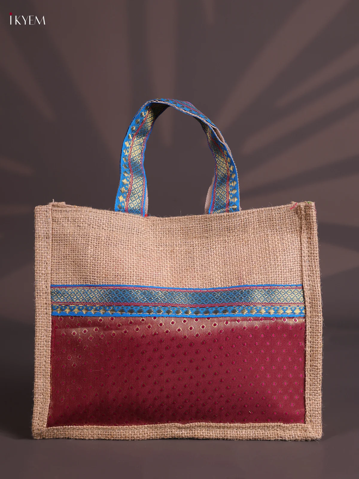 Purple Half & Half Raw Silk Jute Bag with Velcro on Top-KEC18010