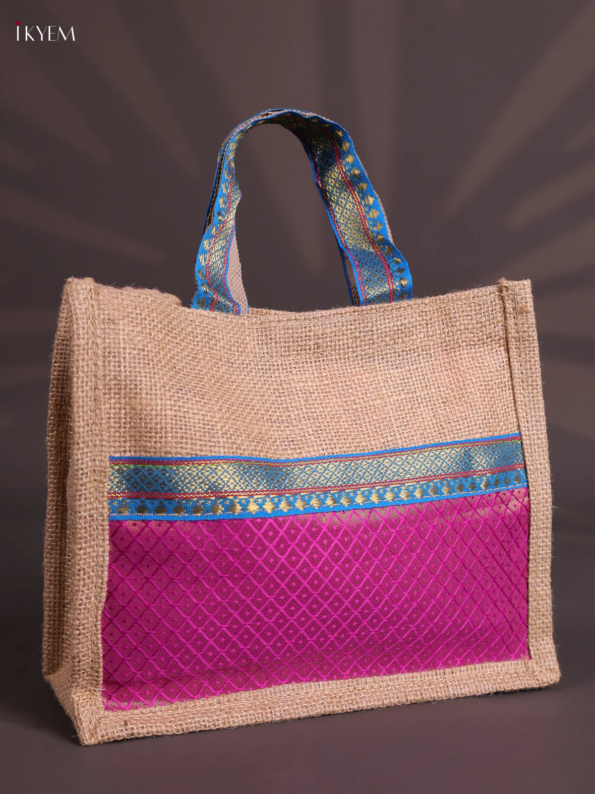 Pink Half & Half Raw Silk Jute Bag with Velcro on Top-KEC18011 - Image 2