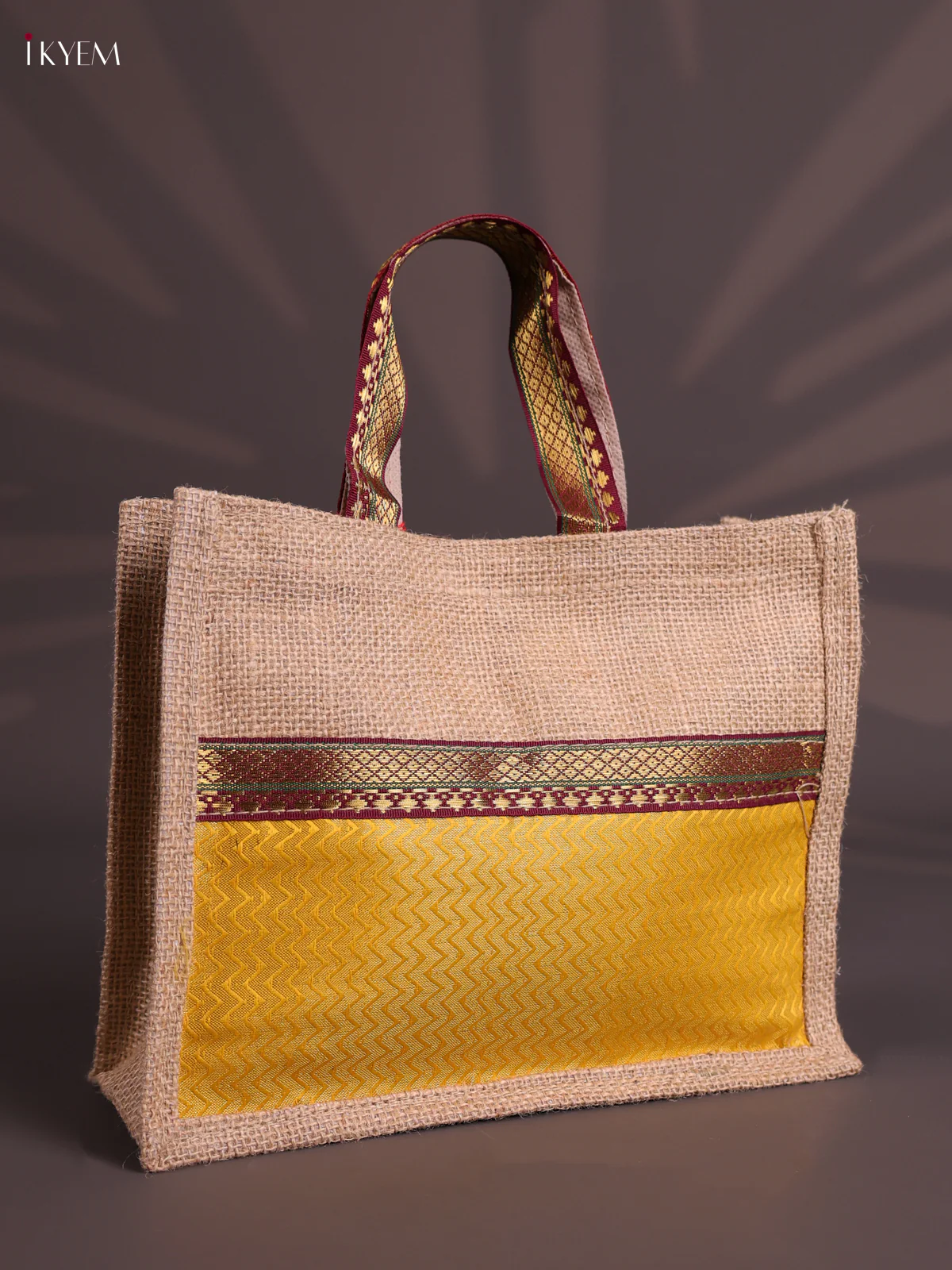 Yellow&maroon Half & Half Raw Silk Jute Bag with Velcro on Top-KEC18022 - Image 2