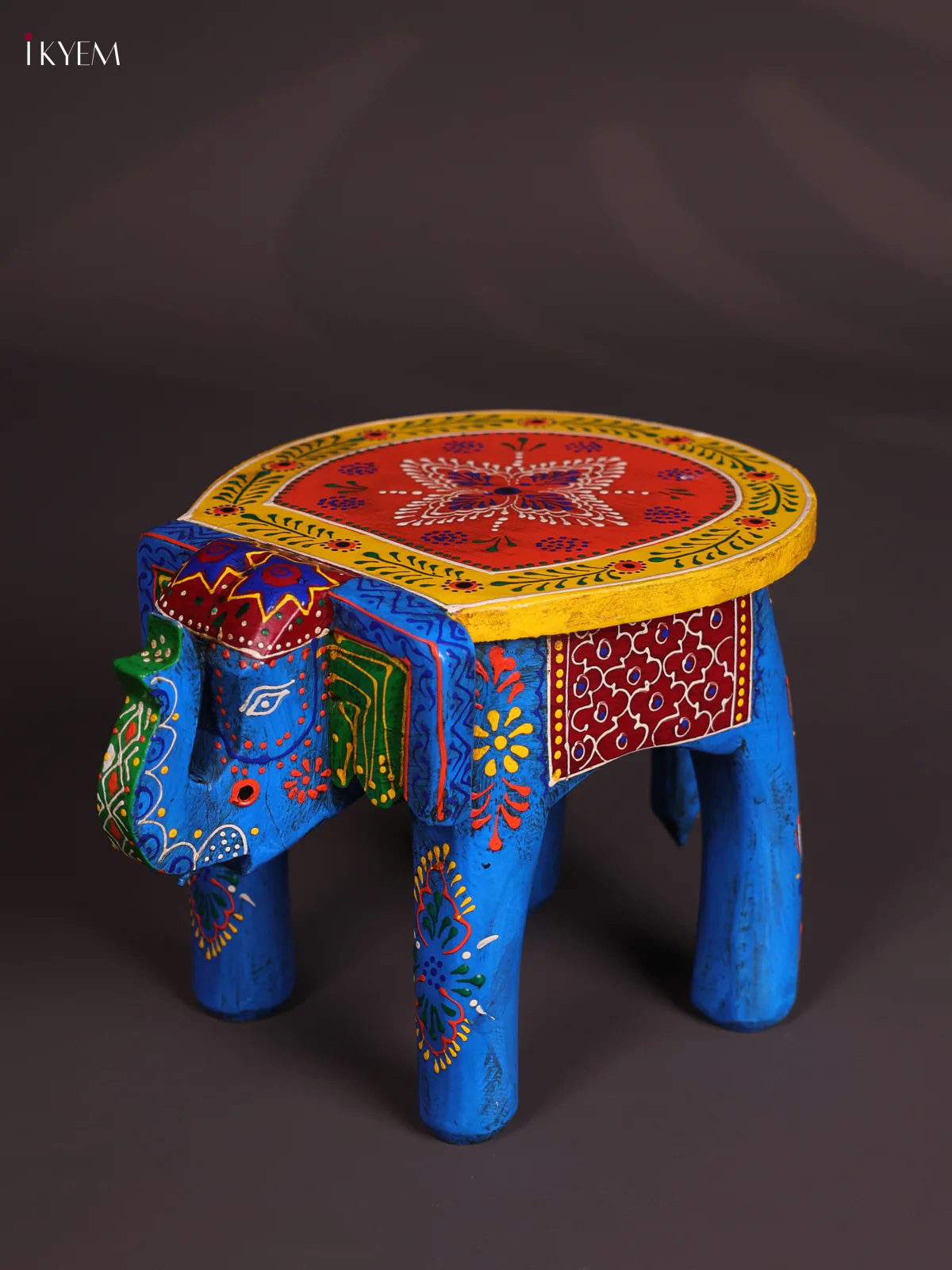 Hand-Painted Wooden Elephant Stool - Blue with Orange - 6 inches-KEC18028