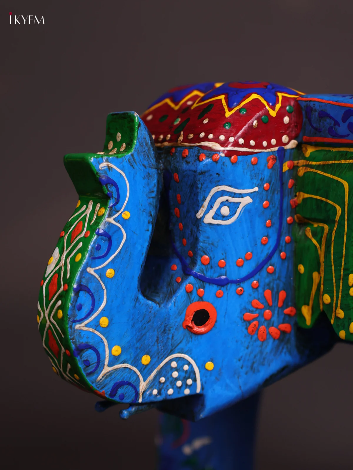Hand-Painted Wooden Elephant Stool - Blue with Orange - 6 inches-KEC18028 - Image 2