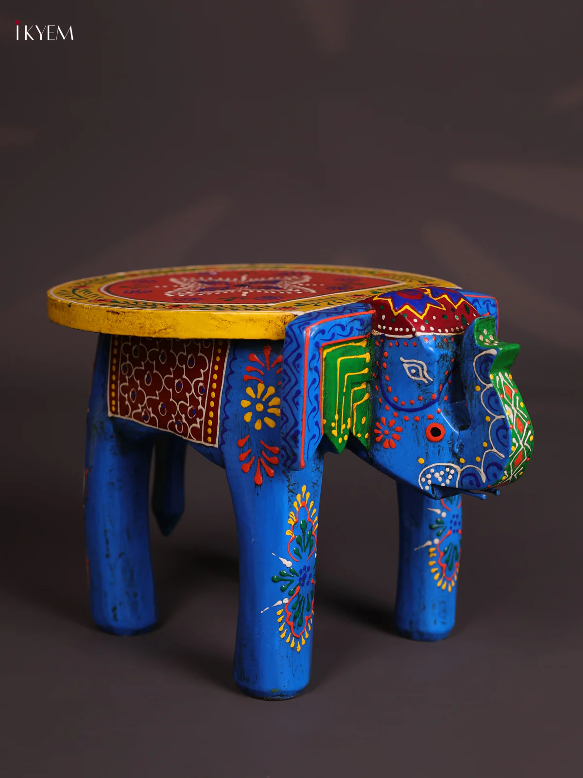 Hand-Painted Wooden Elephant Stool - Blue with Orange - 6 inches-KEC18028 - Image 3