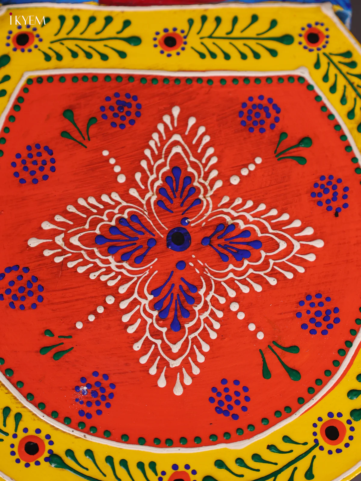 Hand-Painted Wooden Elephant Stool - Blue with Orange - 6 inches-KEC18028 - Image 4