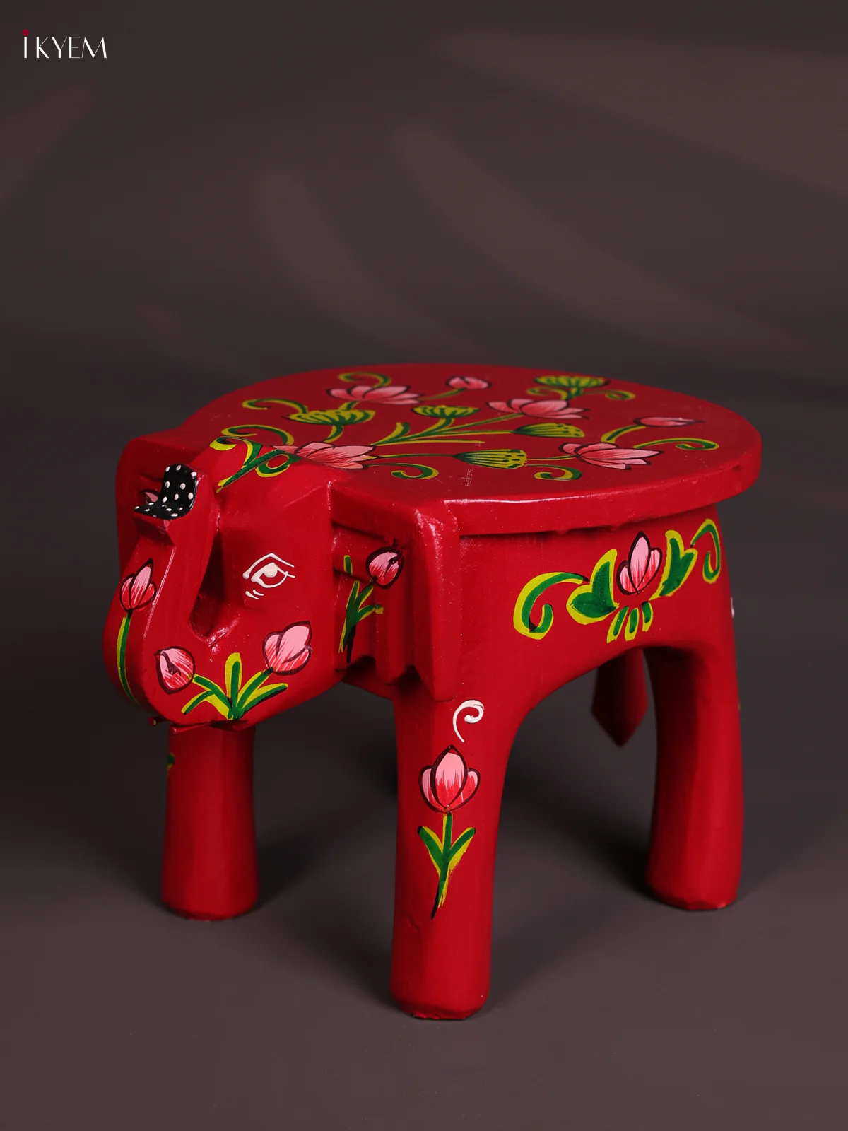 Hand-Painted Wooden Elephant Stool - Red- 6 inches-KEC18029