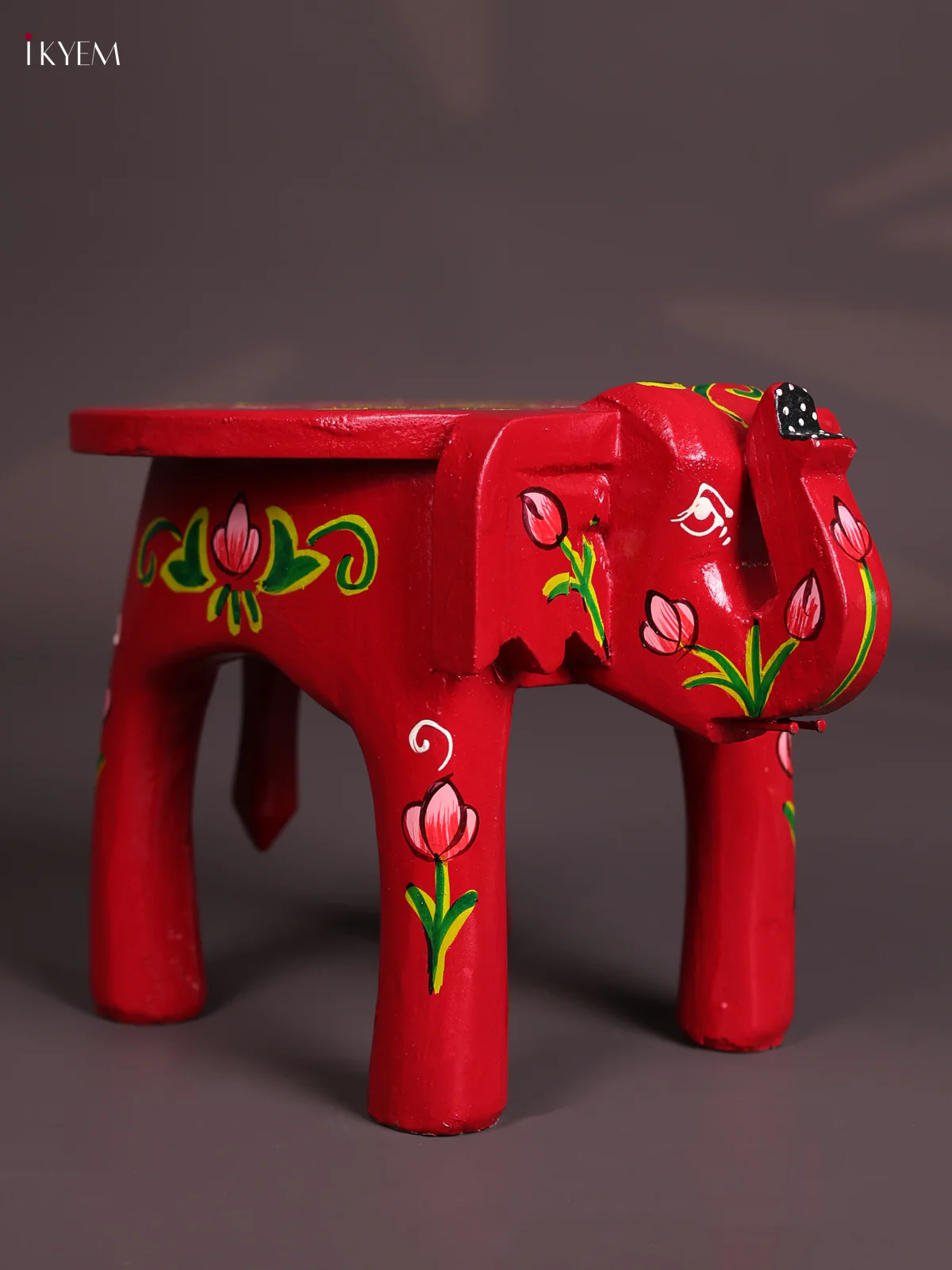 Hand-Painted Wooden Elephant Stool - Red- 6 inches-KEC18029 - Image 3