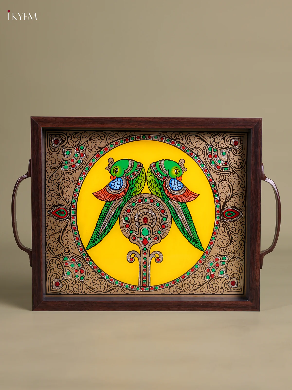 Reverse Glass Painted Tray (11.5x9.5) - Twin Parrot Yellow-KEC18041 - Image 2