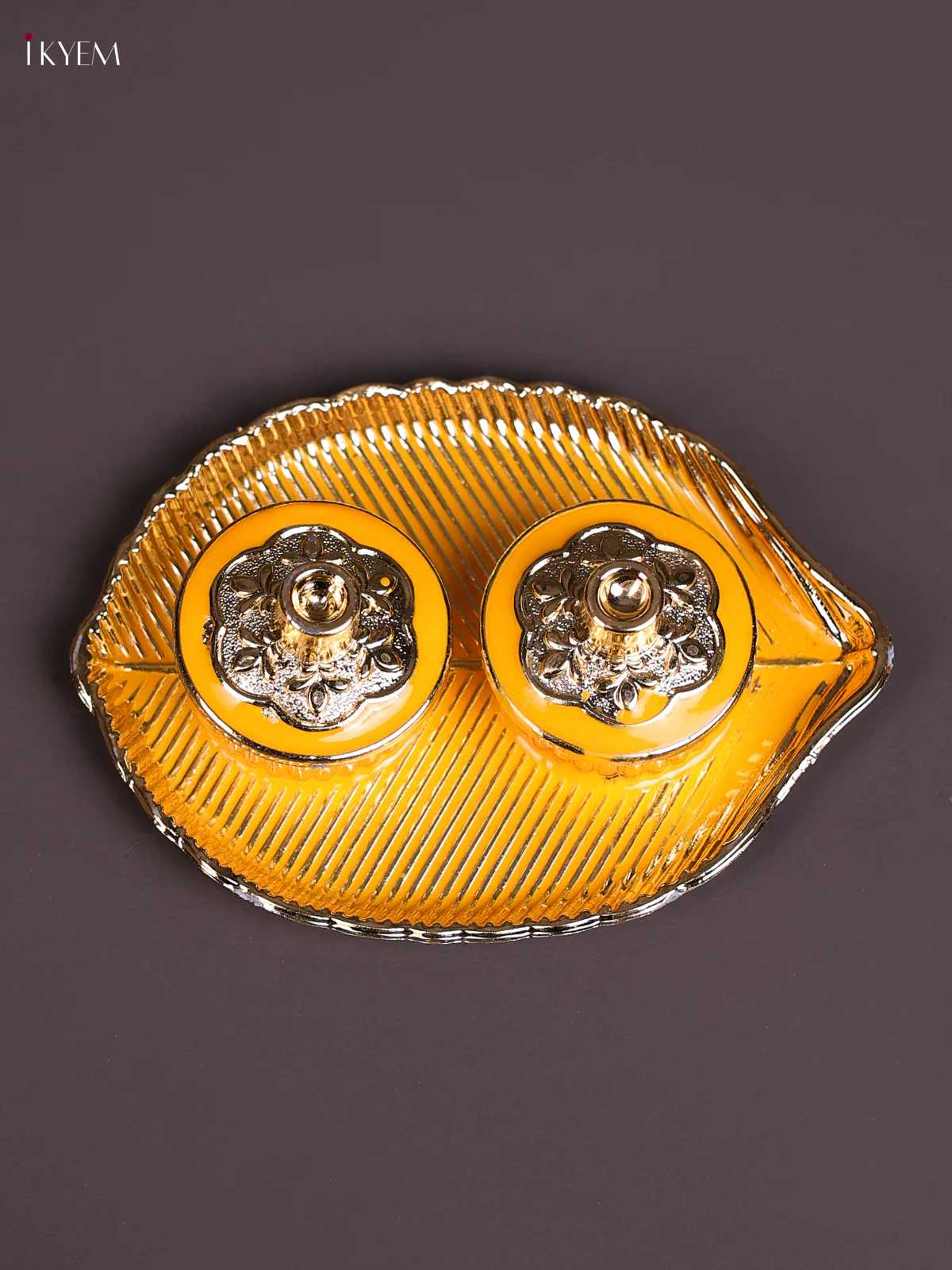 Meenakari Leaf Haldi Kumkum Holder - Yellow-KEC20046