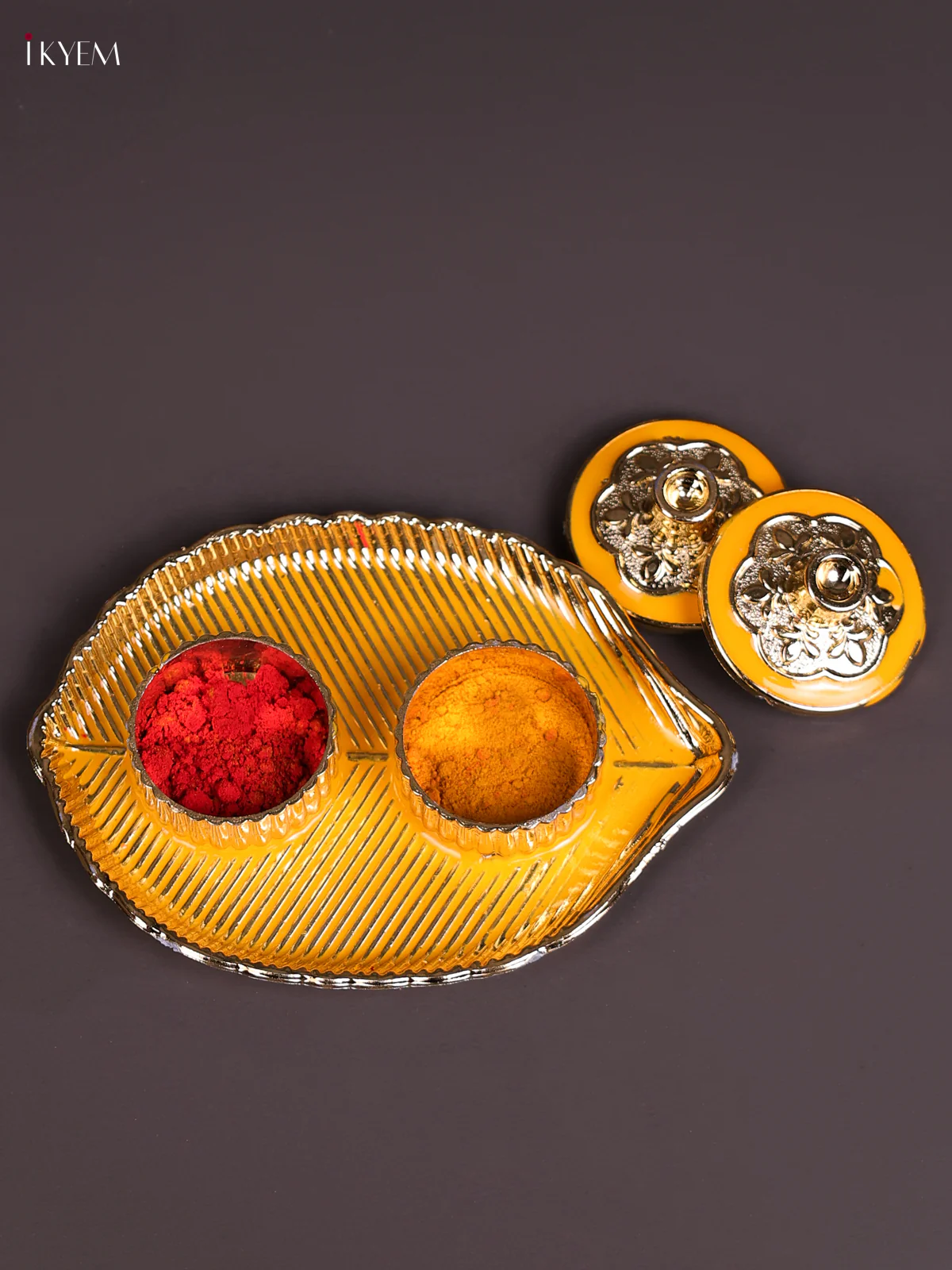 Meenakari Leaf Haldi Kumkum Holder - Yellow-KEC20046 - Image 2