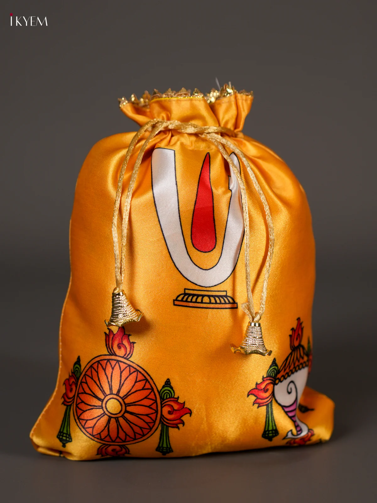 Sangu Chakram Namam Printed Potli Bag - Yellow-KEC20059
