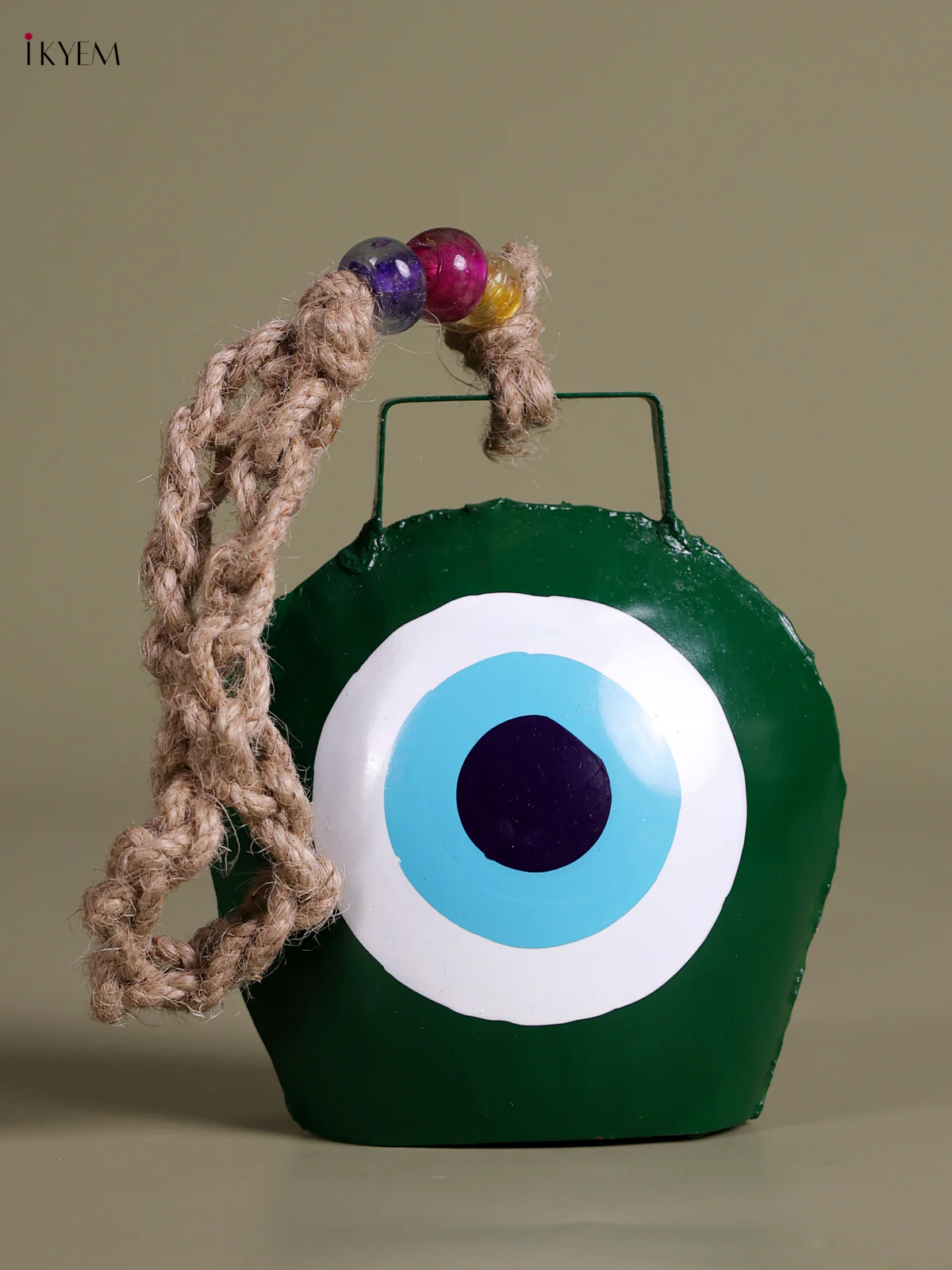 Metal Evil Eye Bell With Jute Hanging - Green-KEC26001