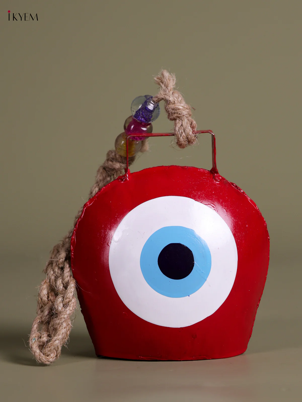 Metal Evil Eye Bell With Jute Hanging - Maroon-KEC26003