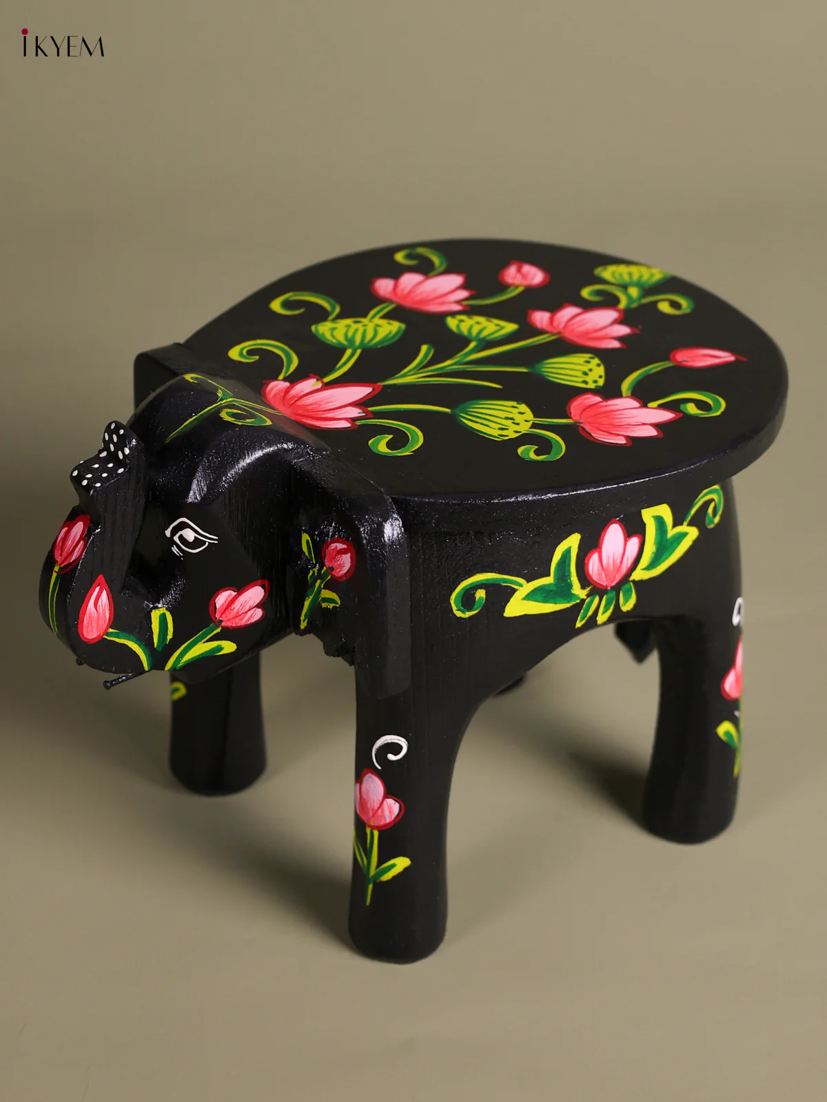 Hand-Painted Wooden Elephant Stool - Black- 6 inches-KEC26008