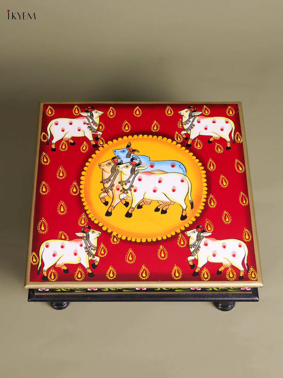Cow Hand-Painted Wooden Bajot - 15 Inches-KEC26017