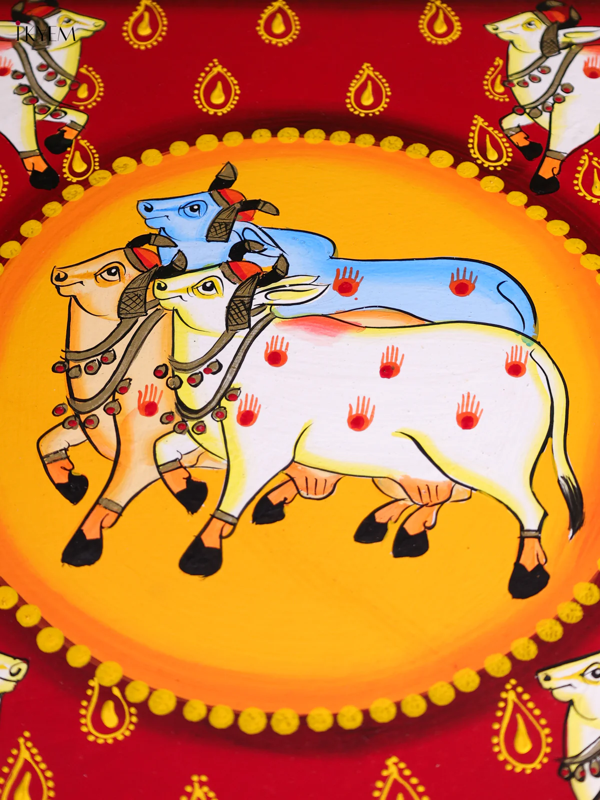 Cow Hand-Painted Wooden Bajot - 15 Inches-KEC26017 - Image 2