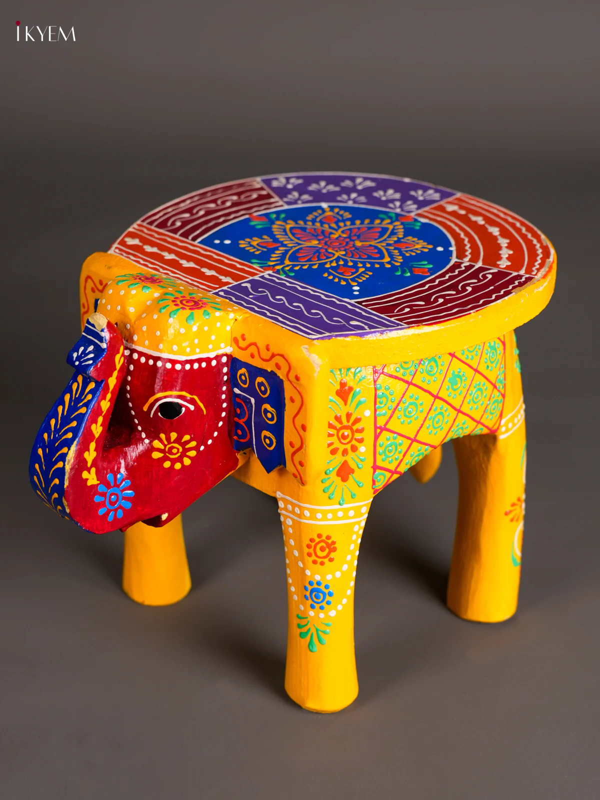 Wooden Handpainted Elephant Stool - 8 inch Multi Color-KEC26022