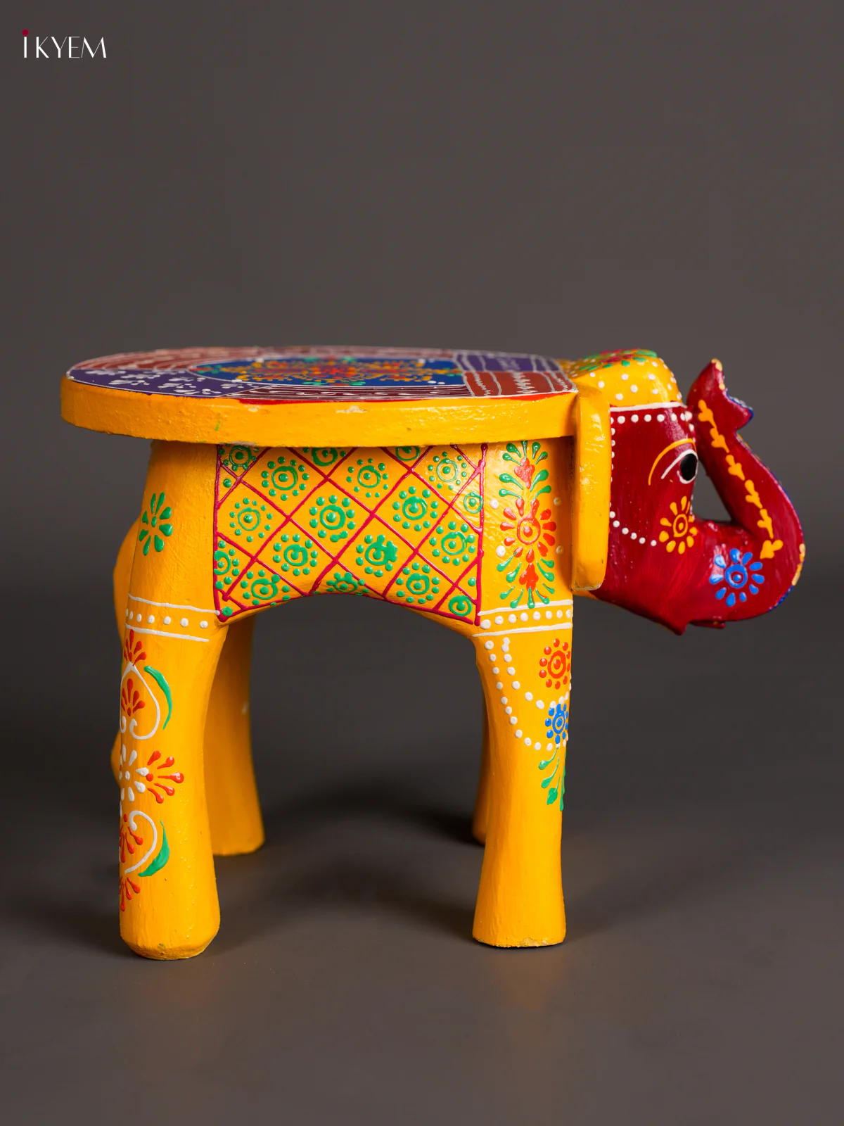 Wooden Handpainted Elephant Stool - 8 inch Multi Color-KEC26022 - Image 3