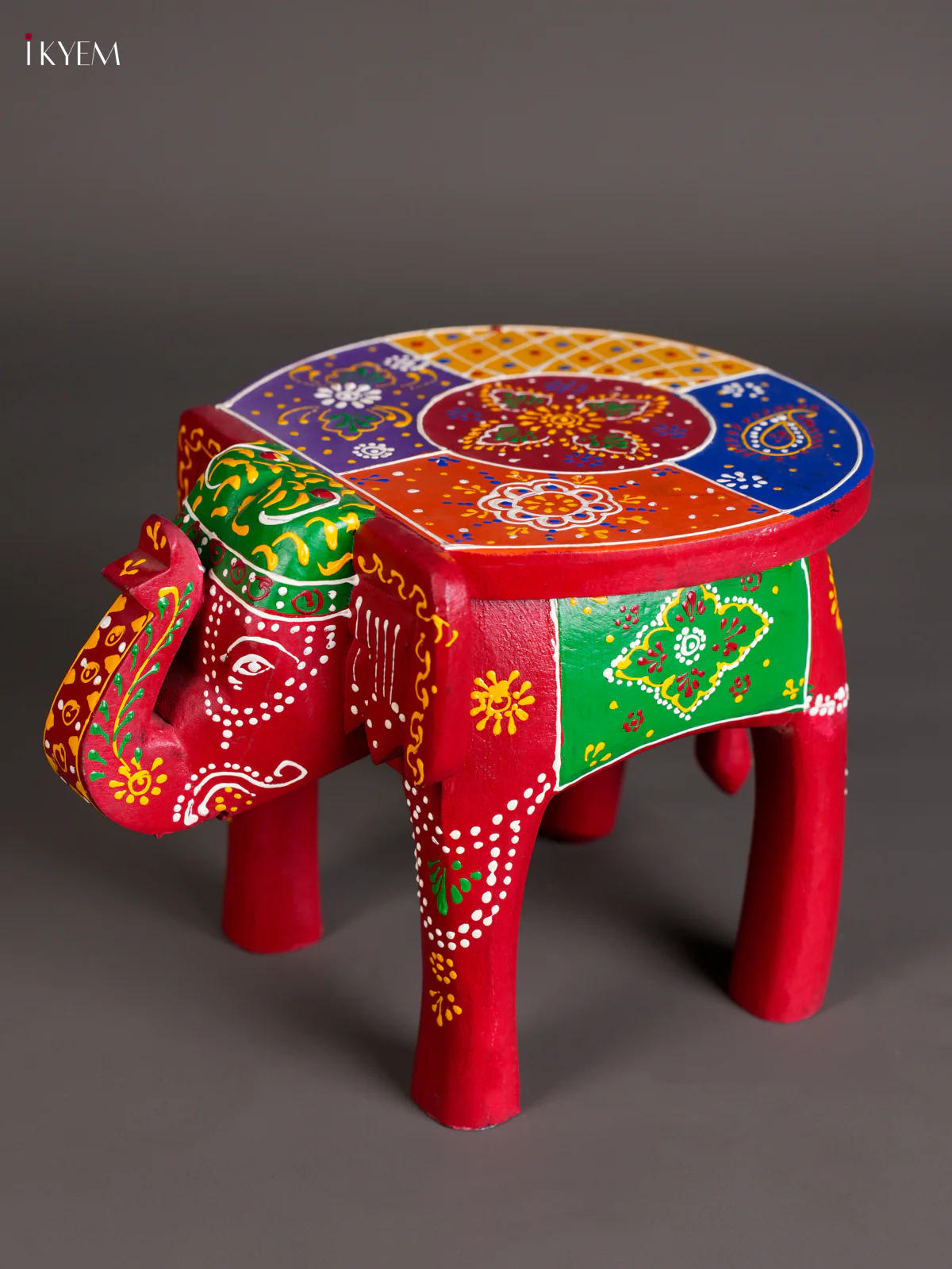 Wooden Handpainted Elephant Stool - 8 inch Multi Color-KEC26023