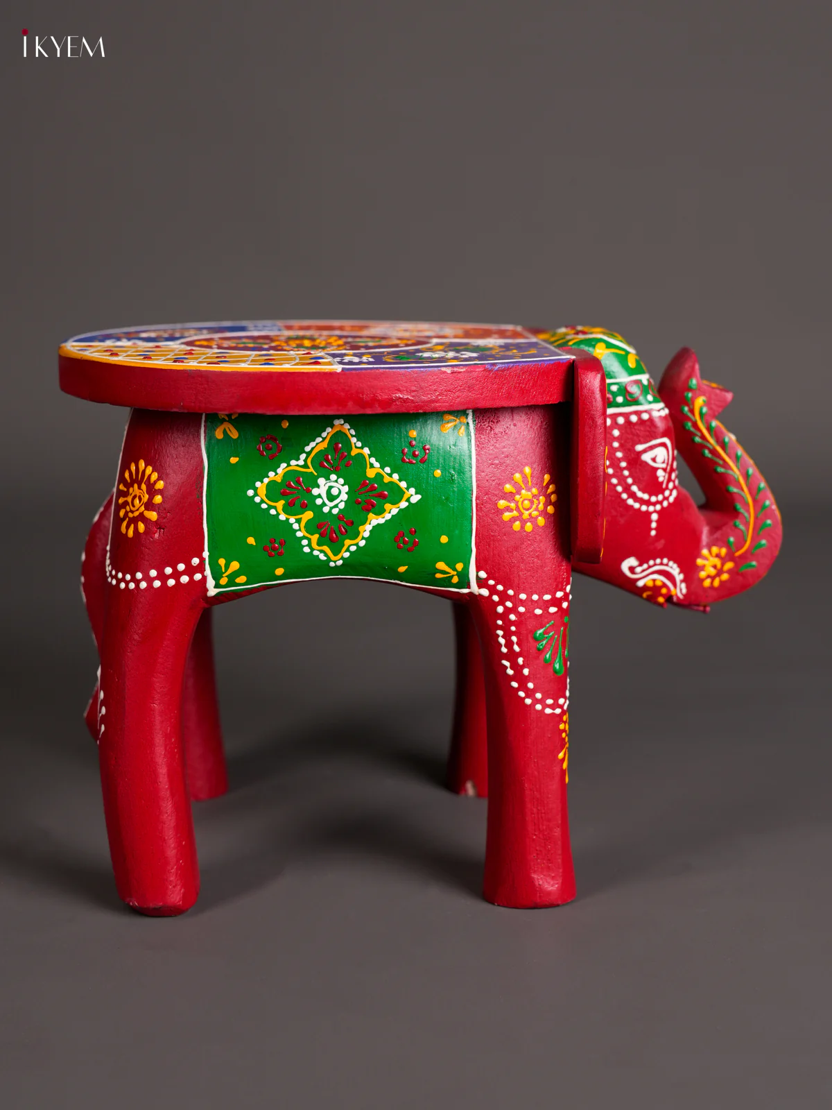 Wooden Handpainted Elephant Stool - 8 inch Multi Color-KEC26023 - Image 3