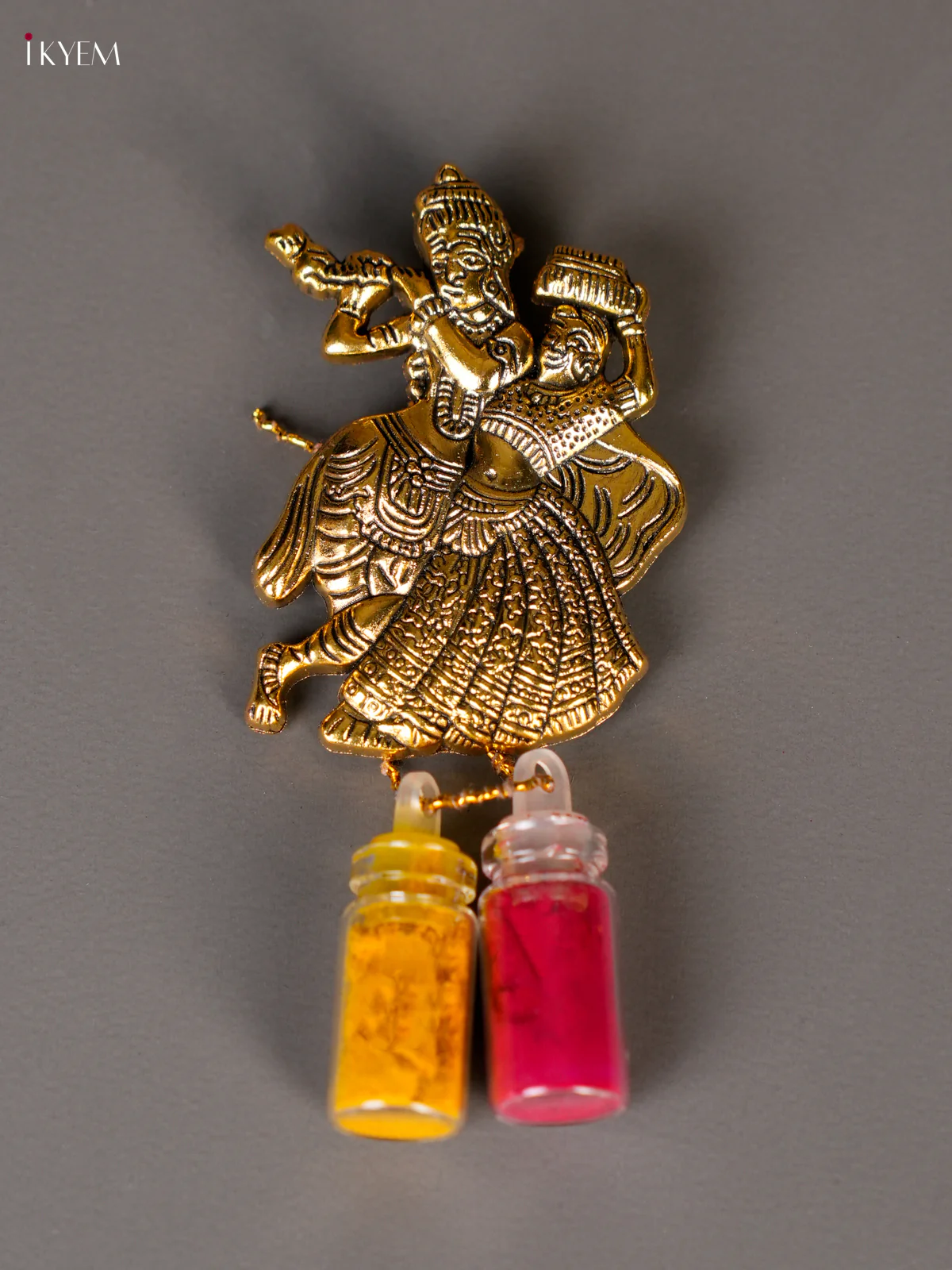 Gold Plated Radha Krishna Flute Haldi Kumkum Bottle - 2 Inches-KED04013