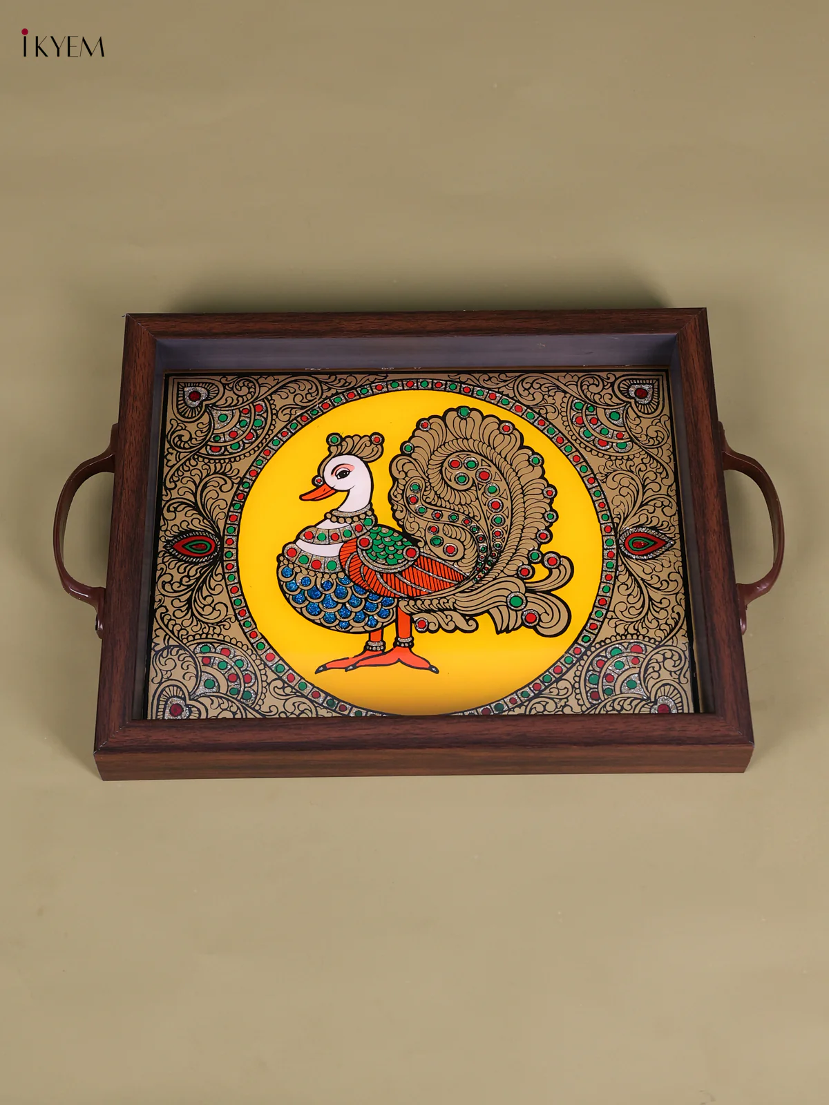 Reverse Glass Painted Tray (11x9) - Annapakshi - Yellow-KED07003