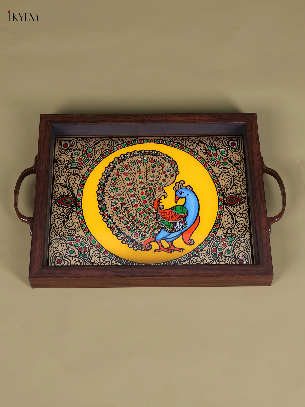 Reverse Glass Painted Tray (11x9) - Peacock - Yellow-KED07008