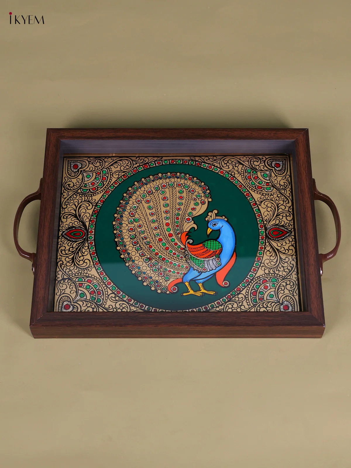 Reverse Glass Painted Tray (11x9) - Peacock - Green-KED07010