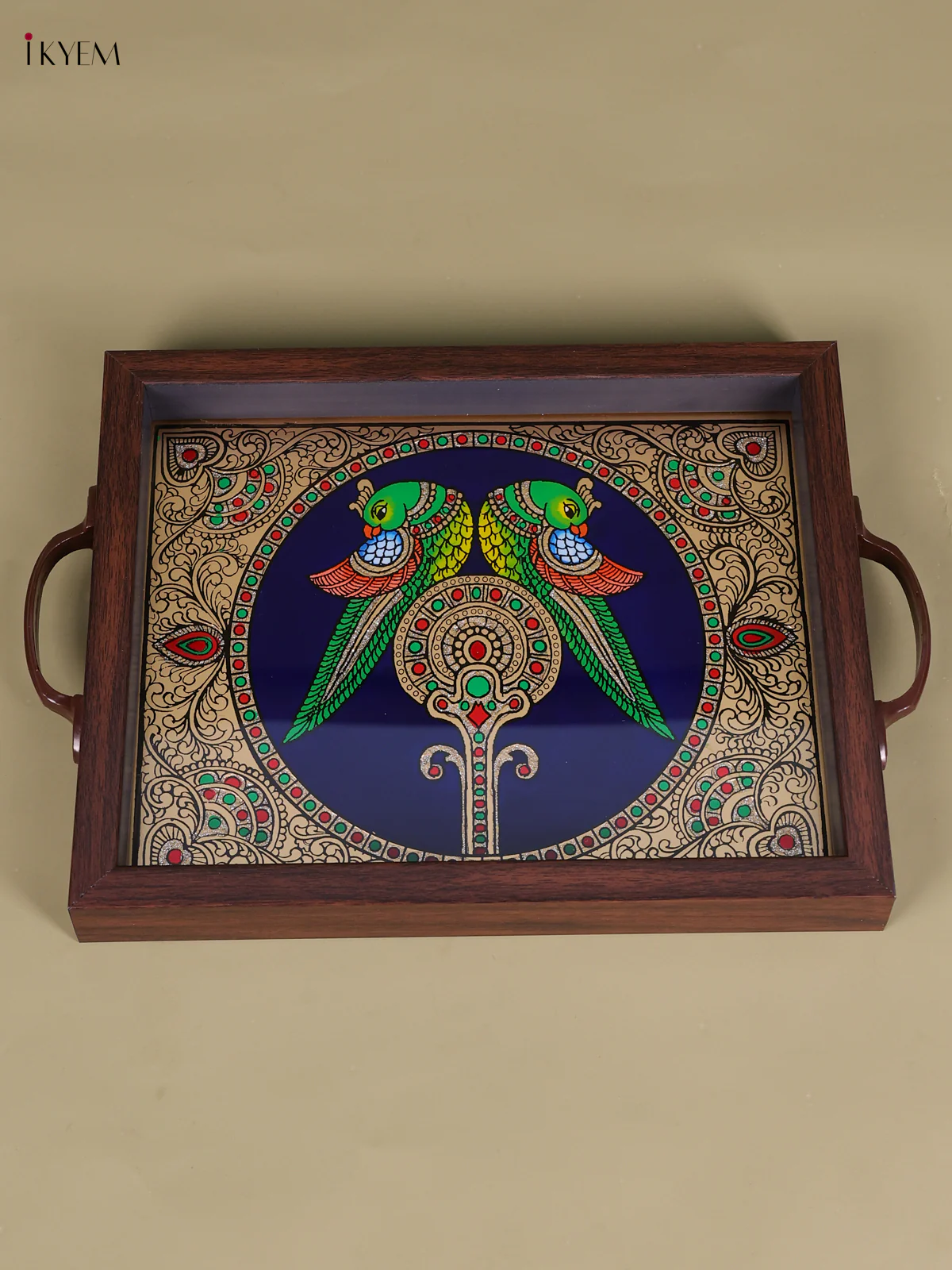 Reverse Glass Painted Tray (11x9) - Twin Parrot - Blue-KED07011