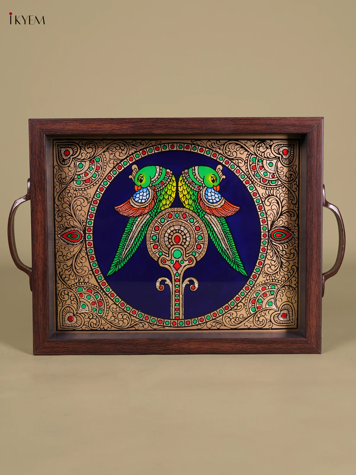 Reverse Glass Painted Tray (11x9) - Twin Parrot - Blue-KED07011 - Image 2